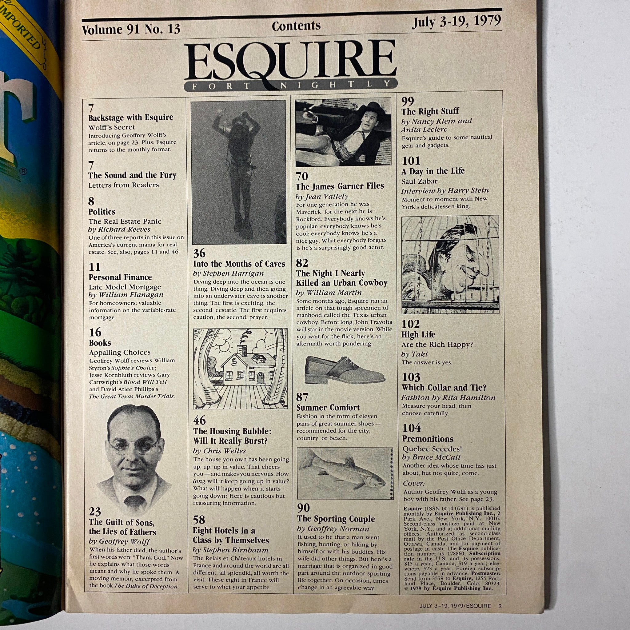 Inner page of Esquire Magazine July 3-19, 1979 displaying the table of contents including articles like 'The Guilt of Sons, The Lies of Fathers'.