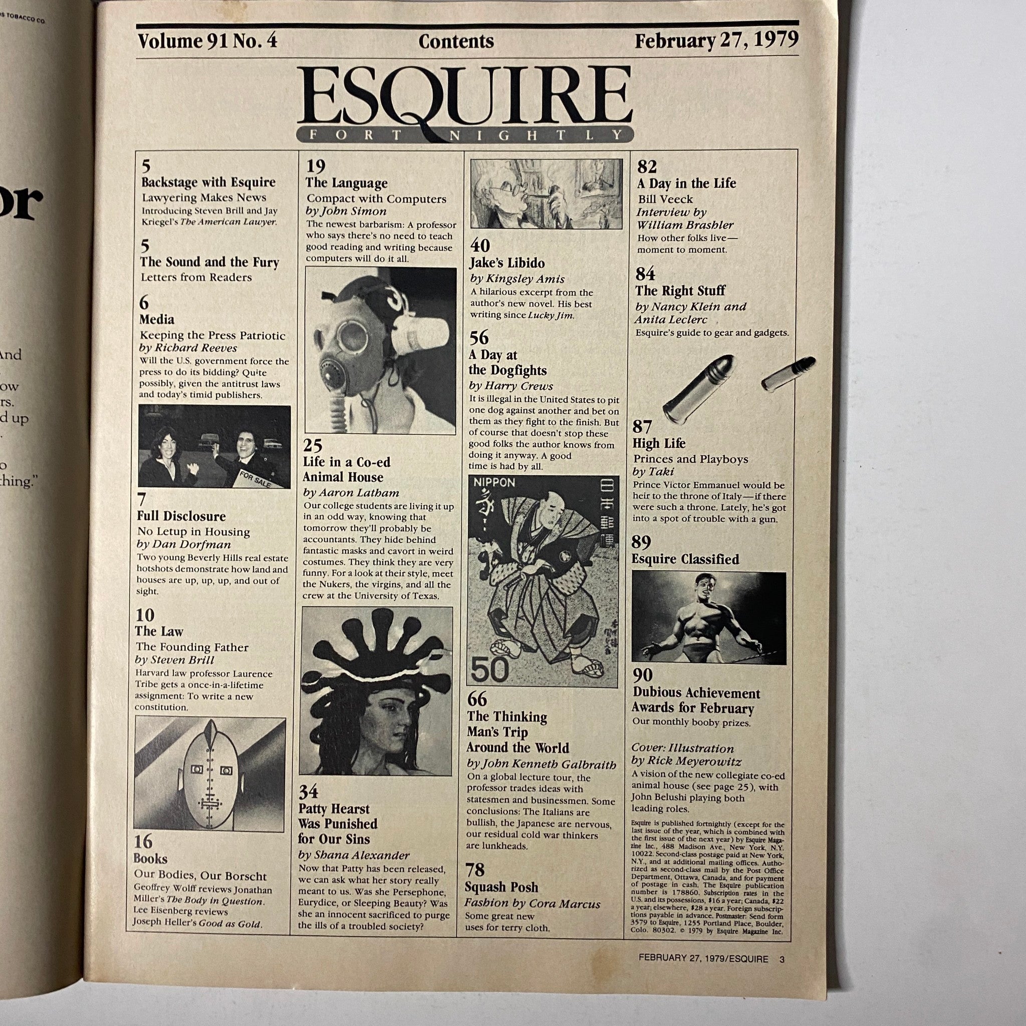 Contents page of Esquire Magazine February 27, 1979, highlighting various articles including 'Life in a Co-ed Animal House' by Aaron Latham and other cultural insights.