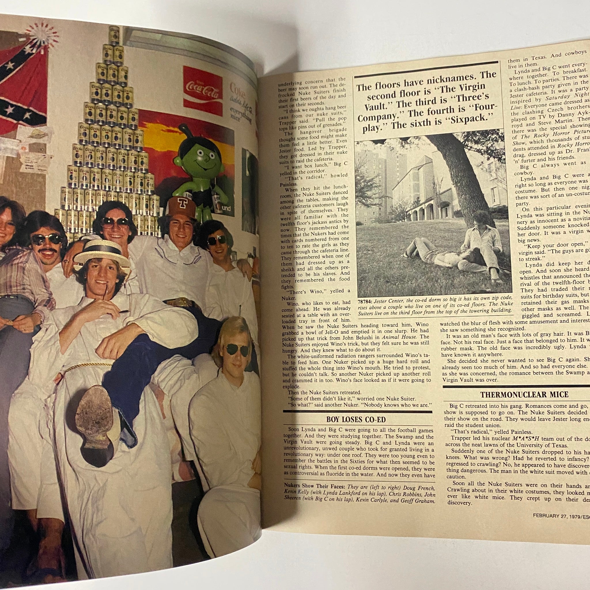 An inside page of Esquire Magazine February 27, 1979, showcasing a social gathering with students, reflecting the vibrant college scene and cultural commentary of the time.