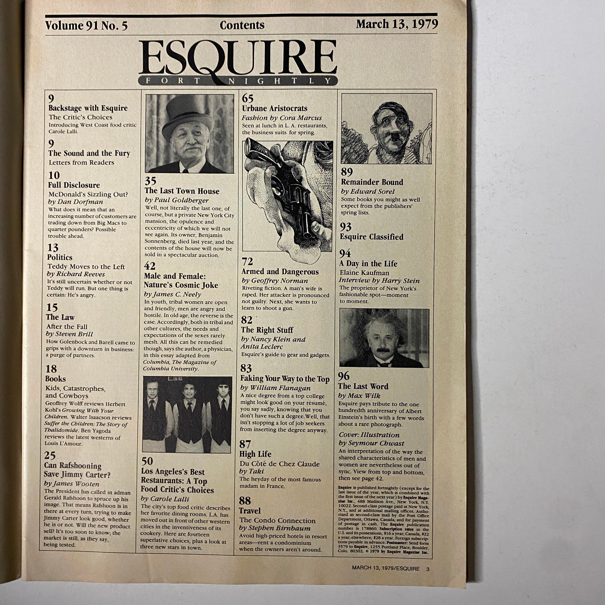 Table of contents from Esquire Magazine March 13, 1979, displaying various articles, including 'Male and Female: Nature’s Cosmic Joke' and other engaging topics.