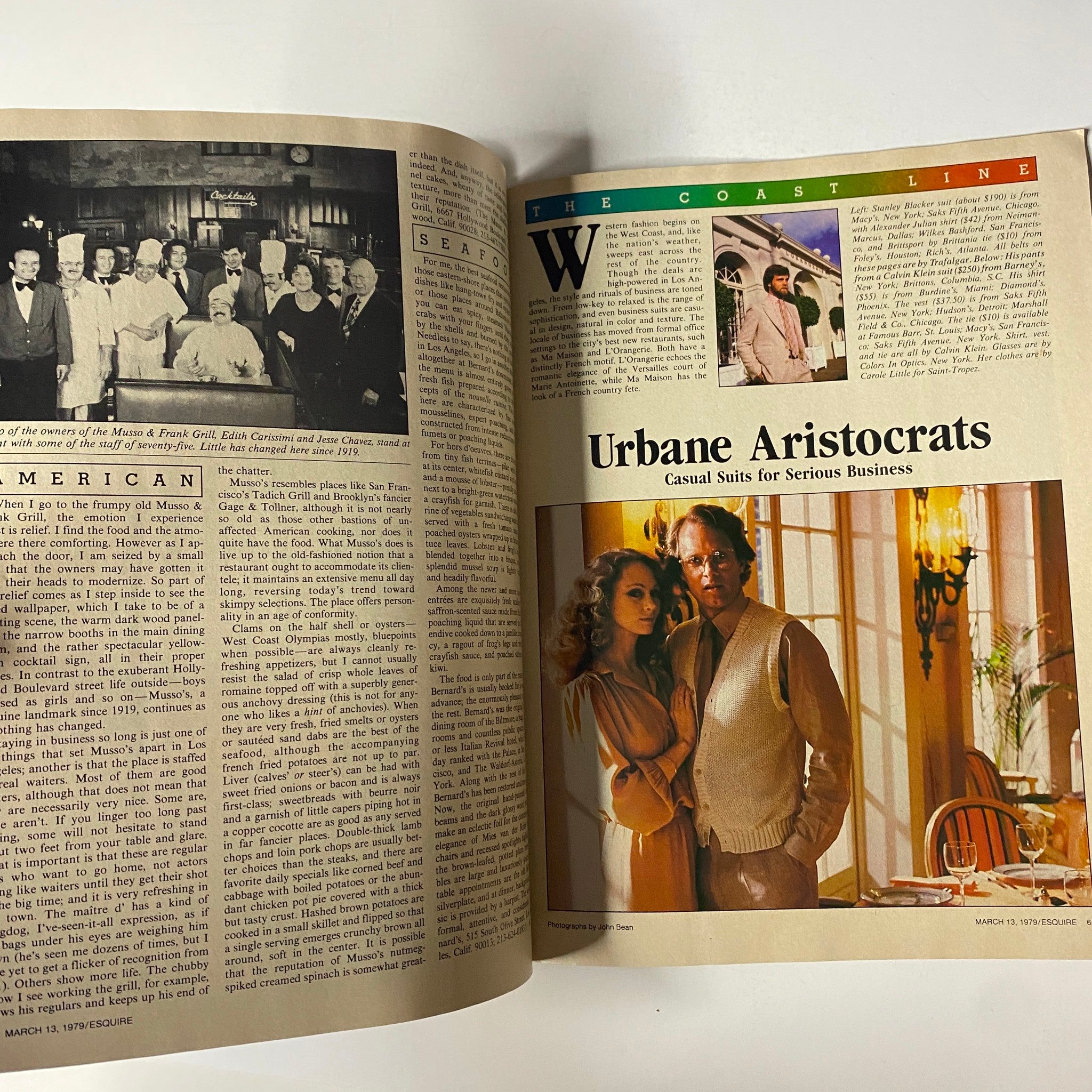 Inside page of Esquire Magazine March 13, 1979, showcasing an article titled 'Urbane Aristocrats' with stylish visuals and a photograph capturing casual business attire.