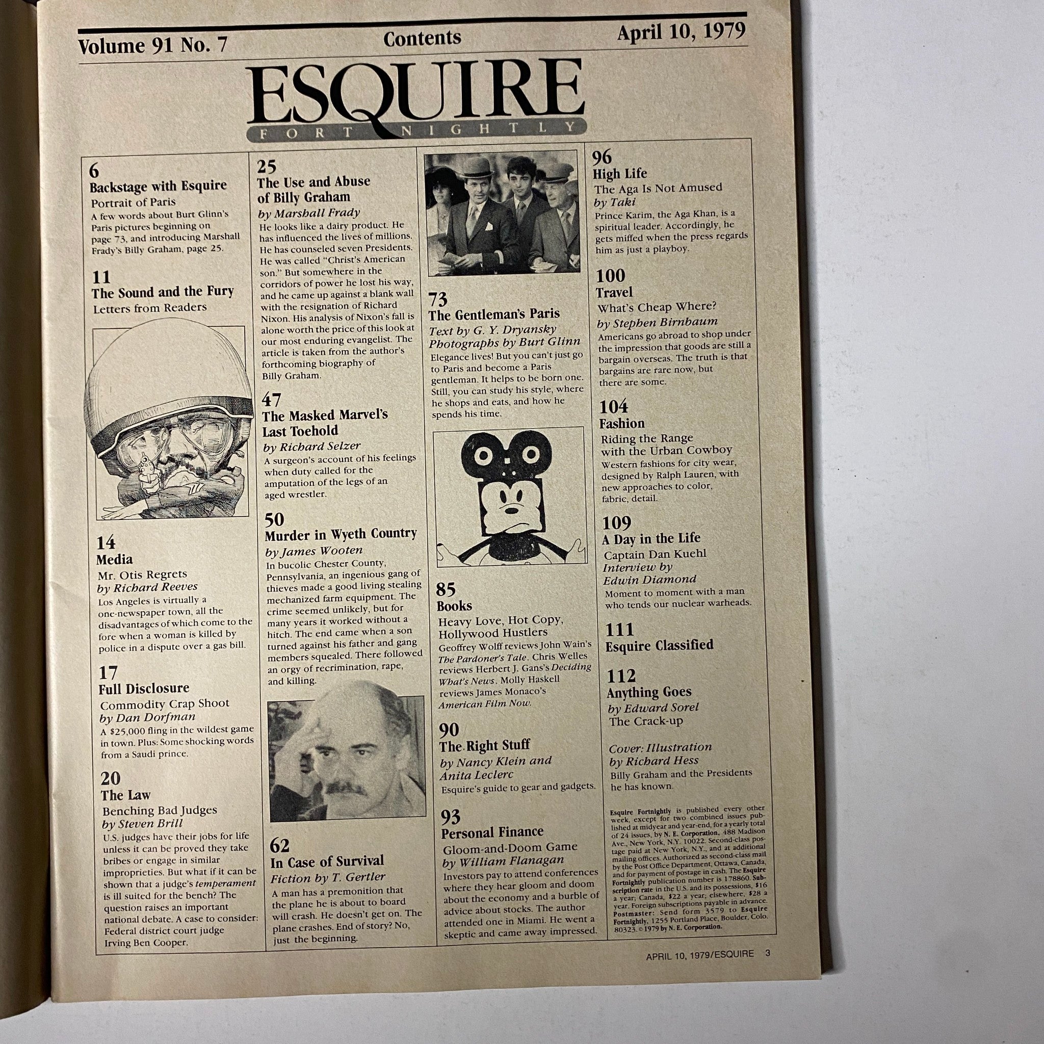 Esquire Magazine April 10, 1979 - Contents page listing feature articles including 'The Use and Abuse of Billy Graham' and 'Murder in Wyeth Country'.