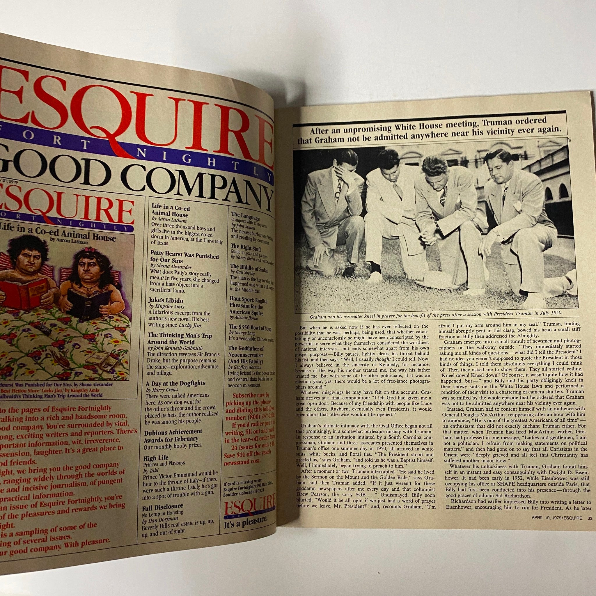 Esquire Magazine April 10, 1979 - Inside spread showing an article about Billy Graham's meetings with U.S. Presidents.