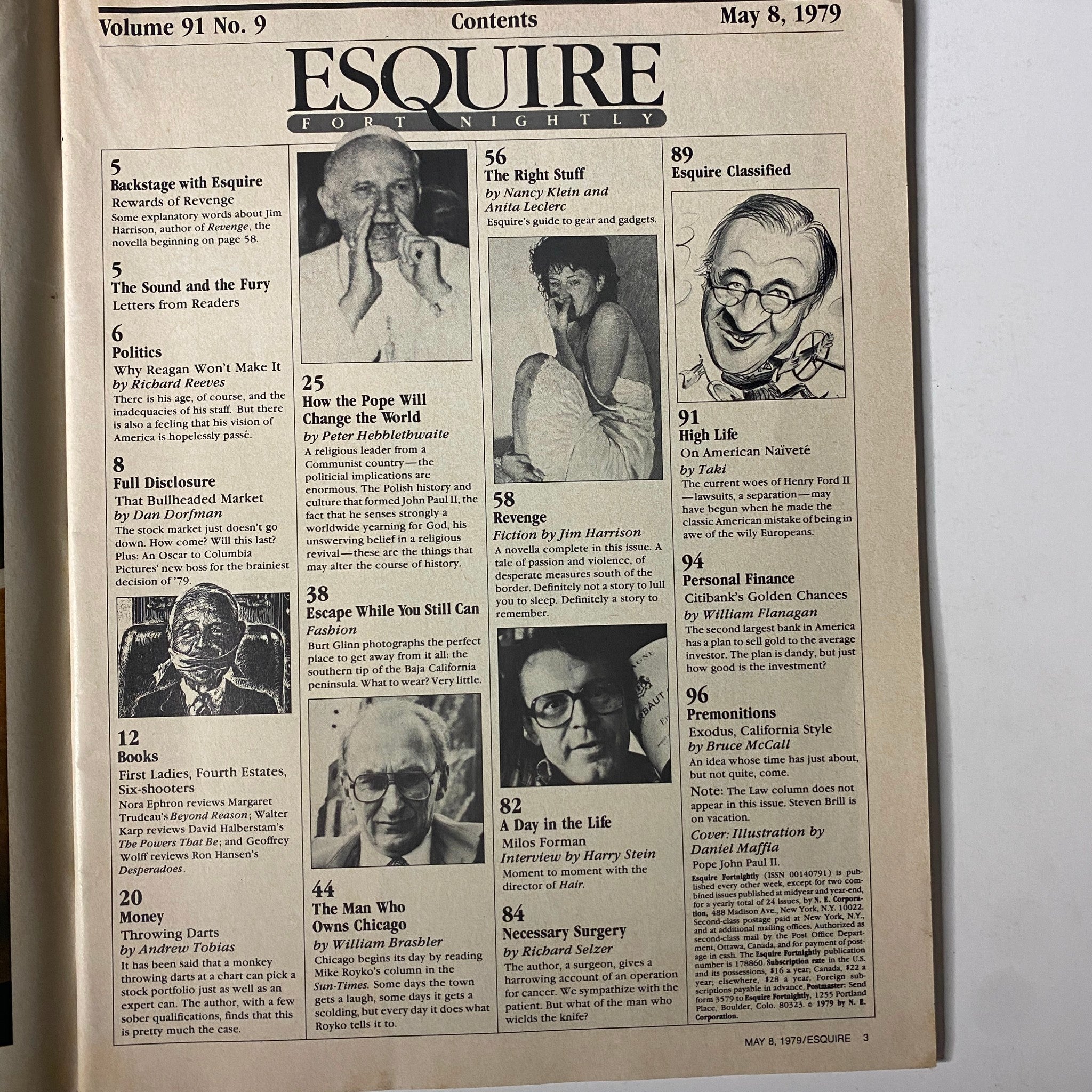 Table of contents from Esquire Magazine May 8, 1979, highlighting various articles including 'How the Pope Will Change the World' and other contemporary topics.