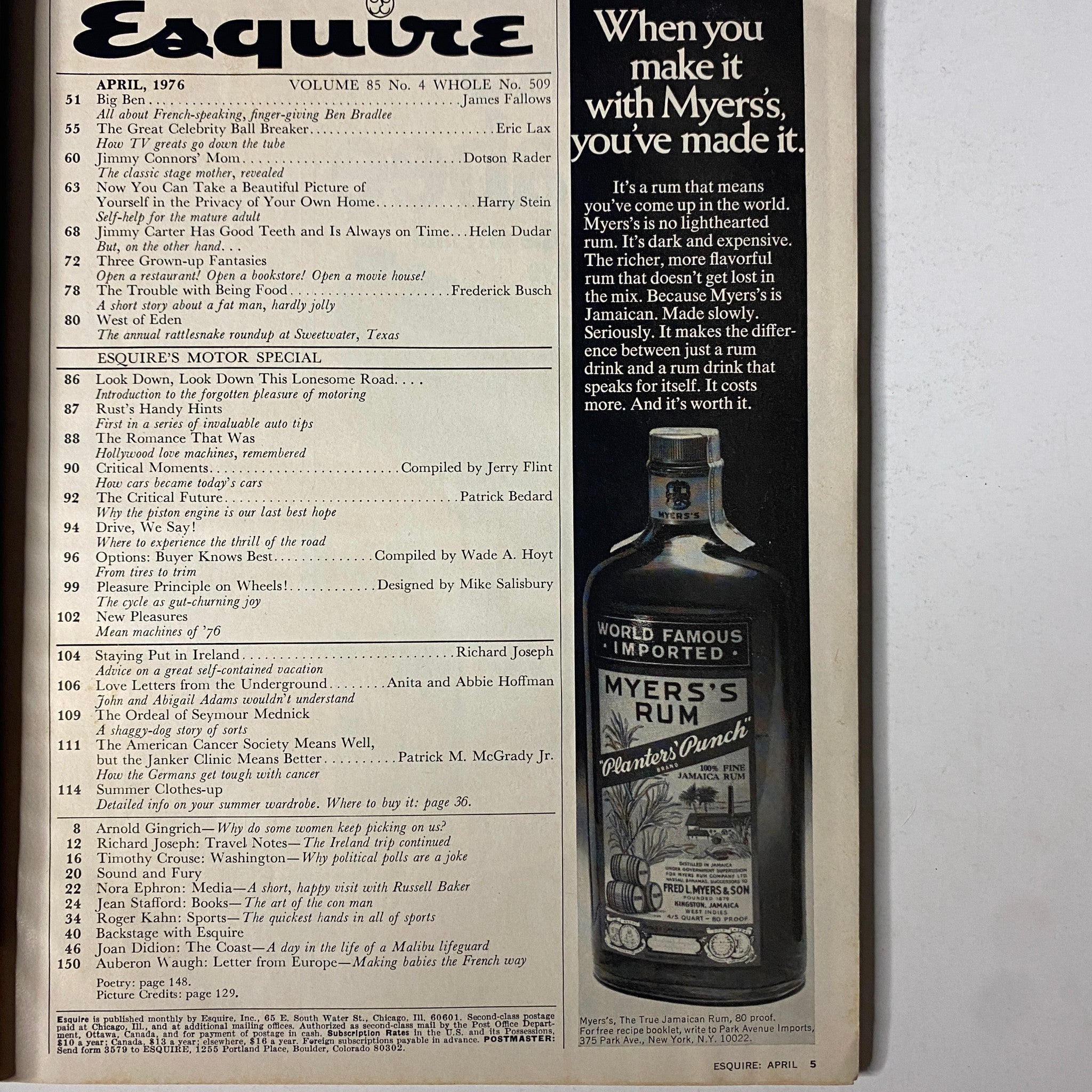 Interior pages of Esquire Magazine April 1976, displaying the table of contents with article titles and features reflective of the era.