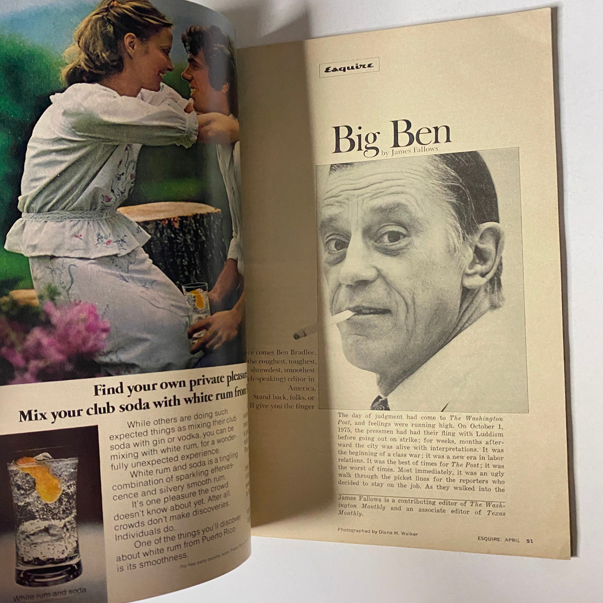 An article spread from Esquire Magazine April 1976 titled 'Big Ben' by James Fallows, featuring a photograph of Ben Bradlee.