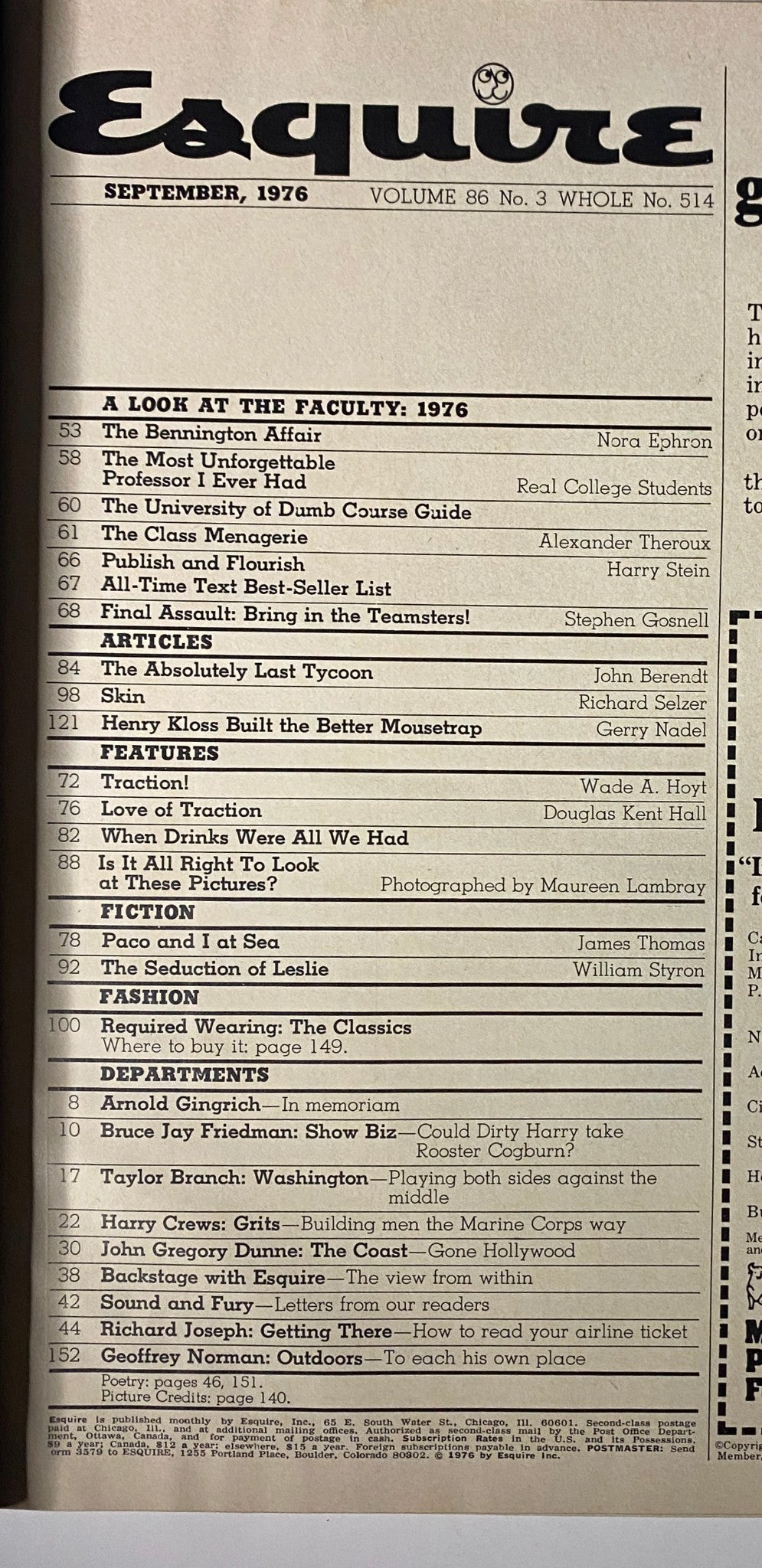 Table of contents page from Esquire Magazine September 1976 detailing articles including 'The Bennington Affair' by Nora Ephron and features on cultural insights of the 1970s.
