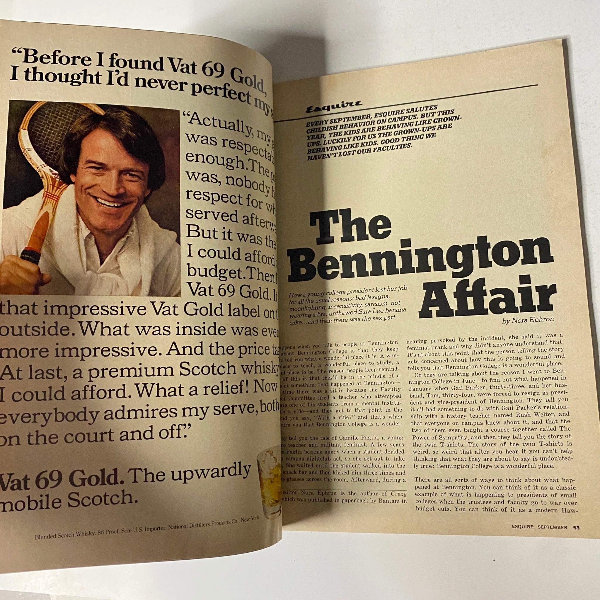 Article page from Esquire Magazine September 1976 titled 'The Bennington Affair' by Nora Ephron, highlighting a scandal in academia with an engaging image of a smiling tennis player.