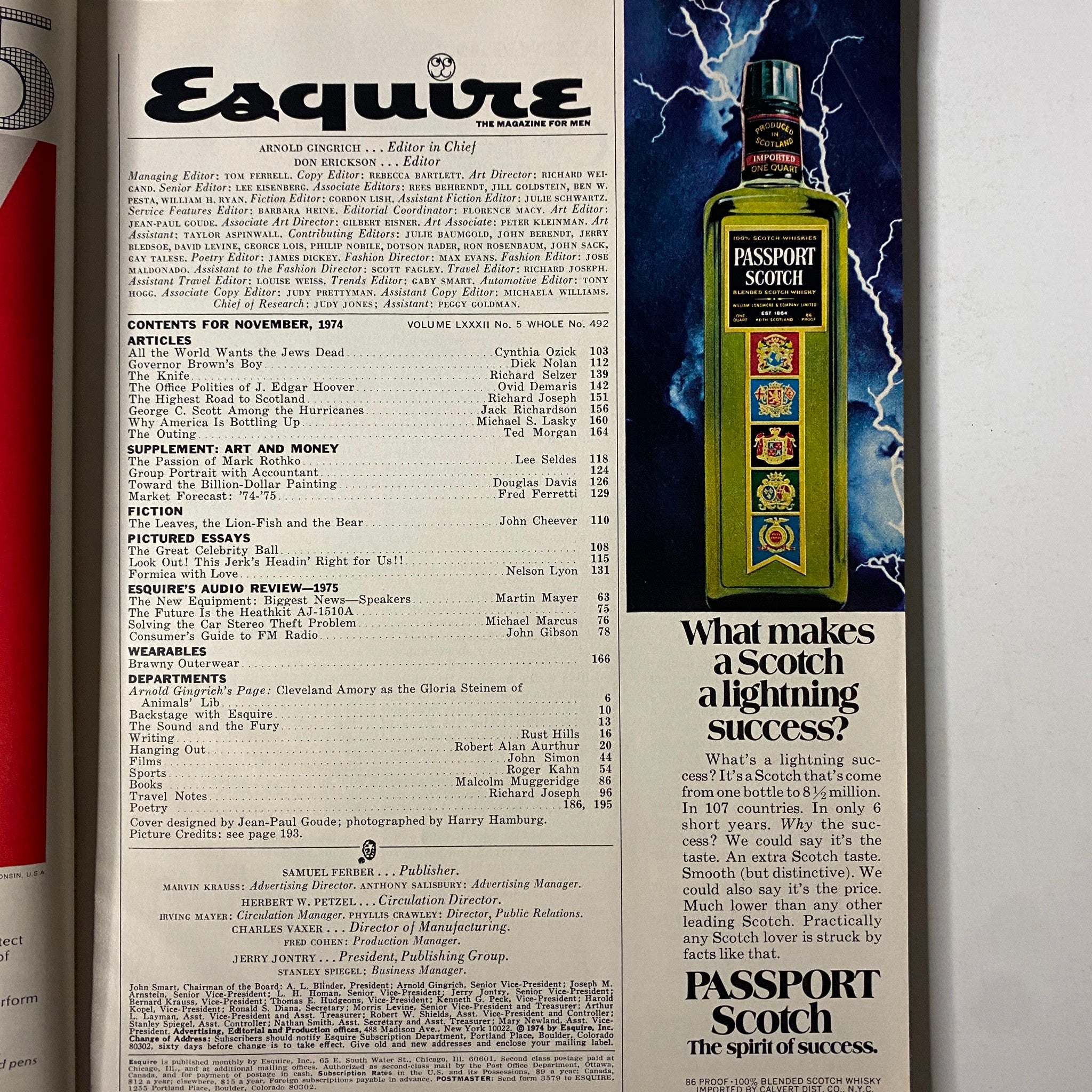 Table of contents from Esquire Magazine November 1974 detailing various articles including 'All the World Wants the Jews Dead' and 'Governor Brown's Boy'. Covers cultural and political insights from the era.