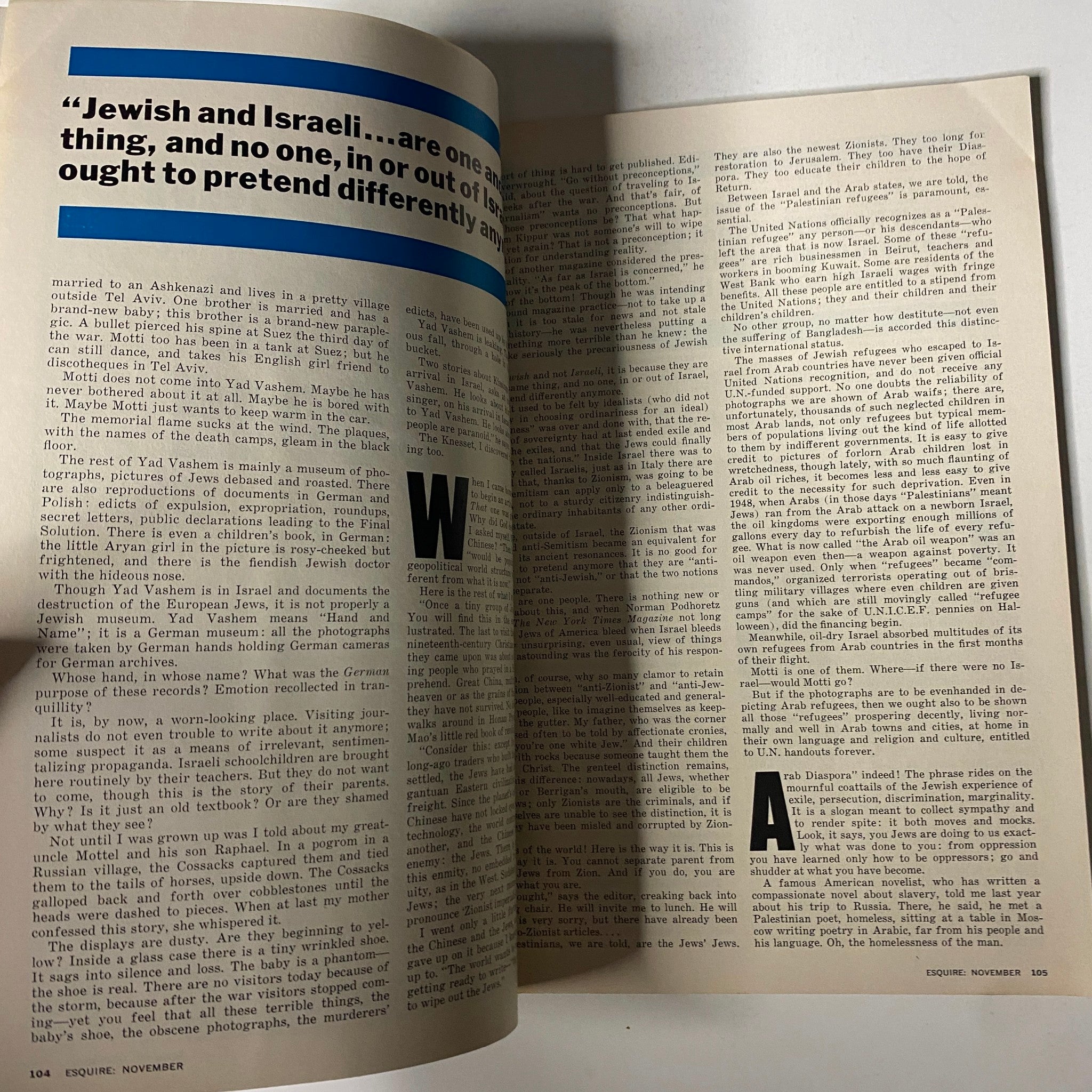 Excerpt from Esquire Magazine November 1974 discussing the complexities of Jewish identity and the historical perspective of Yad Vashem.