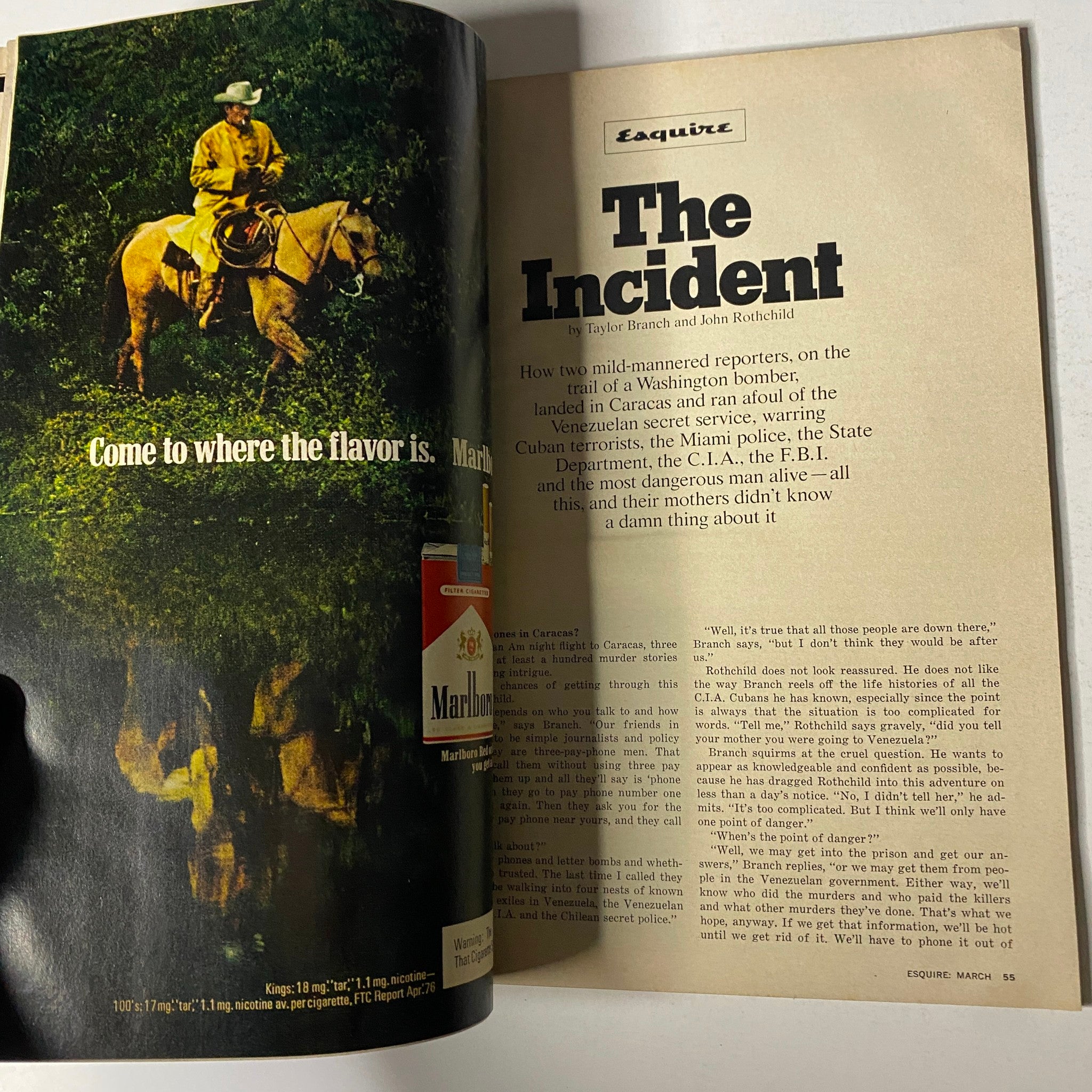 Article page from Esquire Magazine March 1977 titled 'The Incident' by Taylor Branch and John Rothchild. The image captures the beginning of an investigative piece illustrating journalism's approach in the late 1970s.