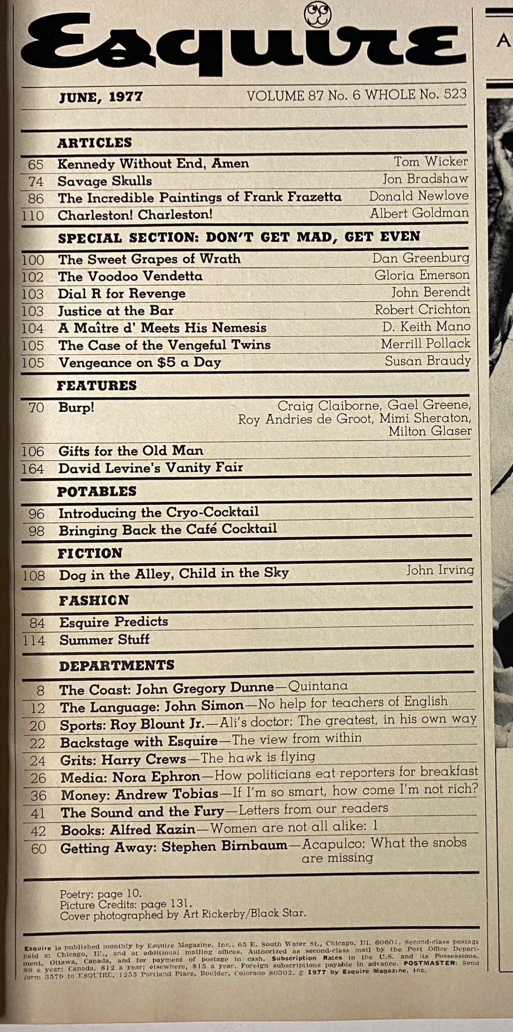 Table of contents from Esquire Magazine June 1977, featuring articles including 'Kennedy Without End, Amen' by Tom Wicker and highlights from the vintage publication.