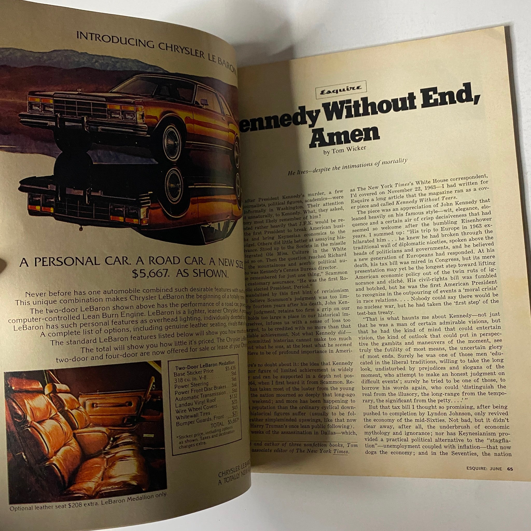 Article page titled 'Kennedy Without End, Amen' by Tom Wicker from Esquire Magazine June 1977, discussing the impact of John F. Kennedy on American society.