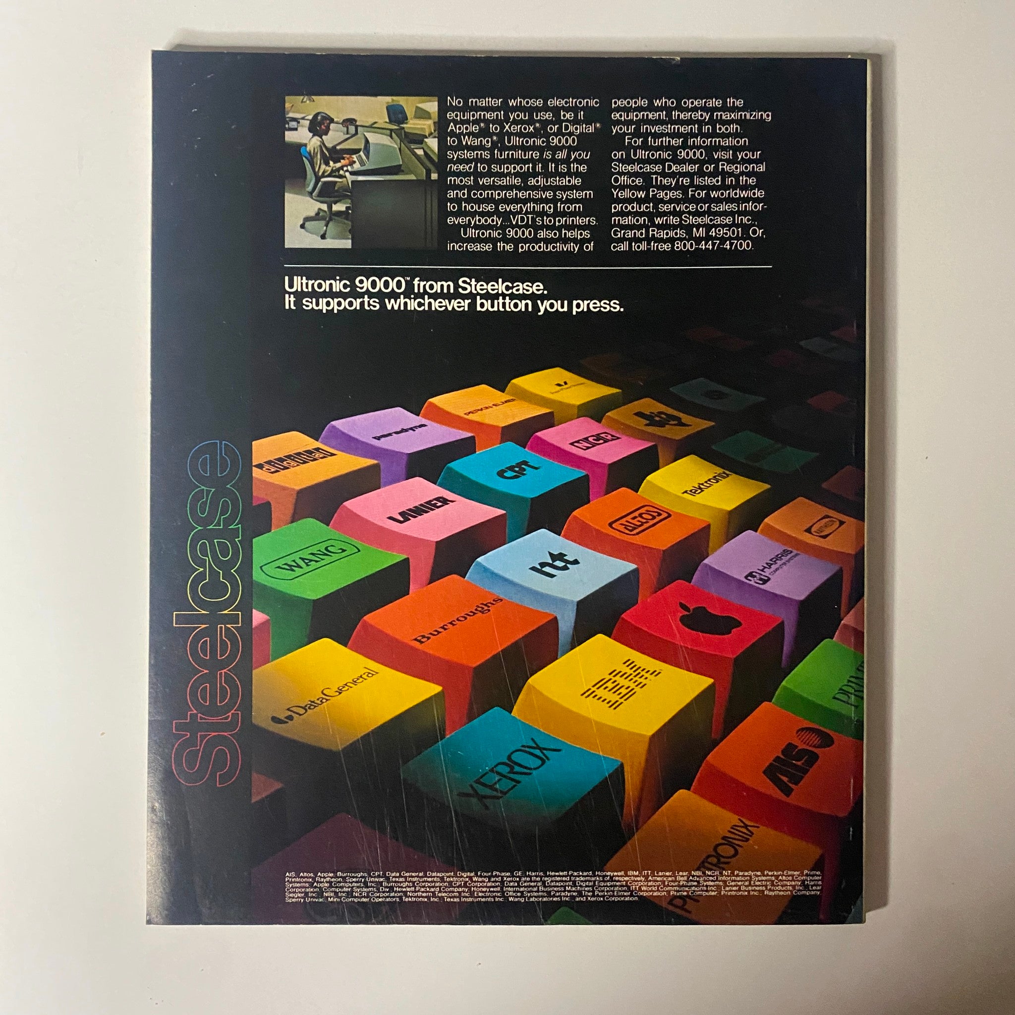 Back cover of the vintage Fortune Magazine, September 19, 1983, showcasing an ad for Steelcase's Ultronic 9000 office furniture, highlighting its versatility and support for various electronic equipment.