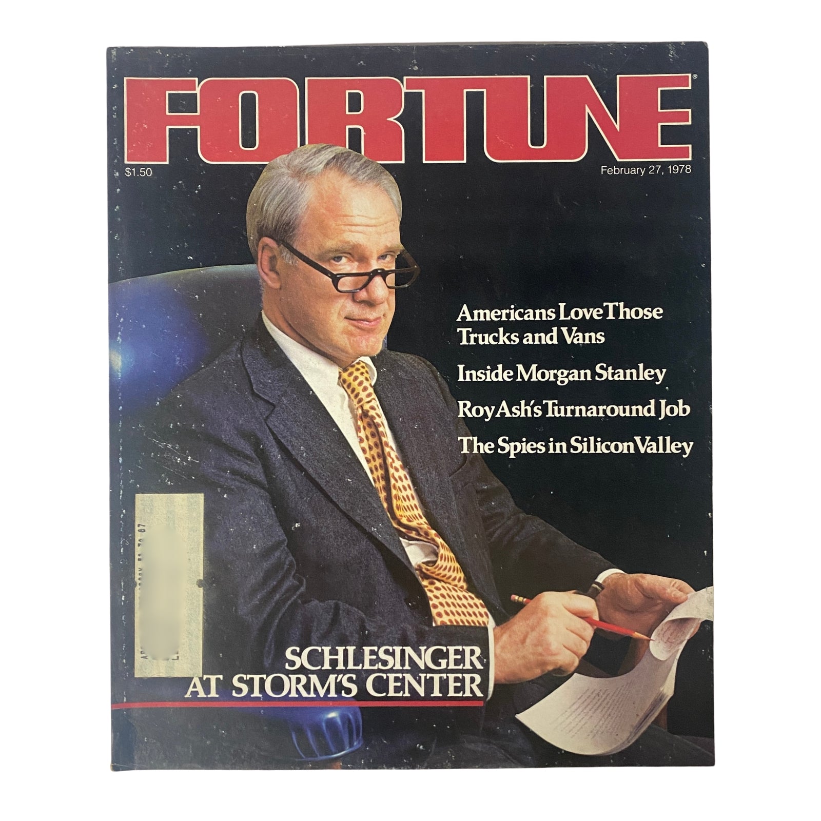 Fortune Magazine cover from February 27, 1978 featuring an image of James Schlesinger, with headlines on business topics including executive perks, economic forecasts, and corporate governance.