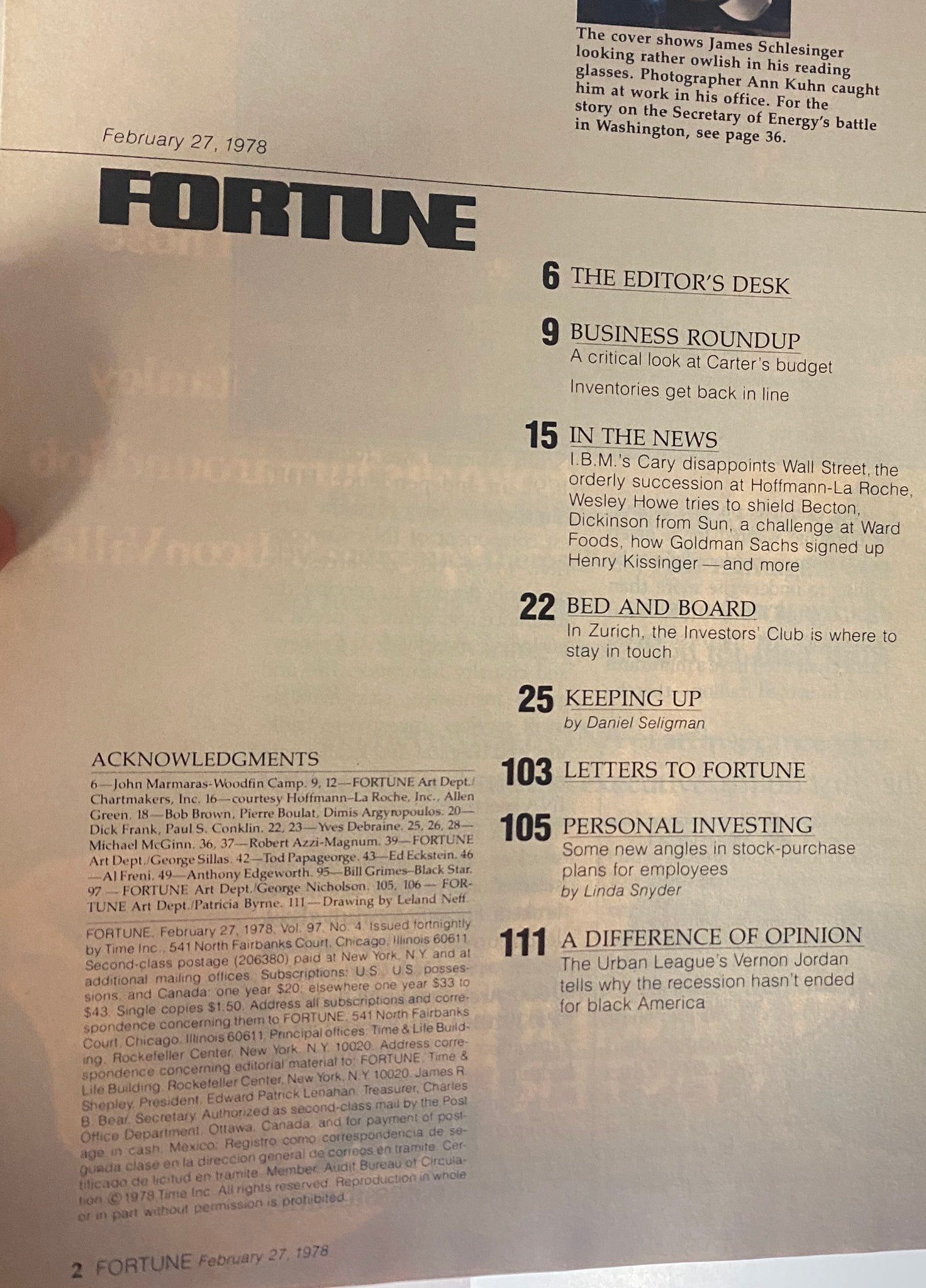 Inside page of Fortune Magazine February 27, 1978 displaying the contents and features including editor's desk, business roundups, and columns offering insights on economic policies.