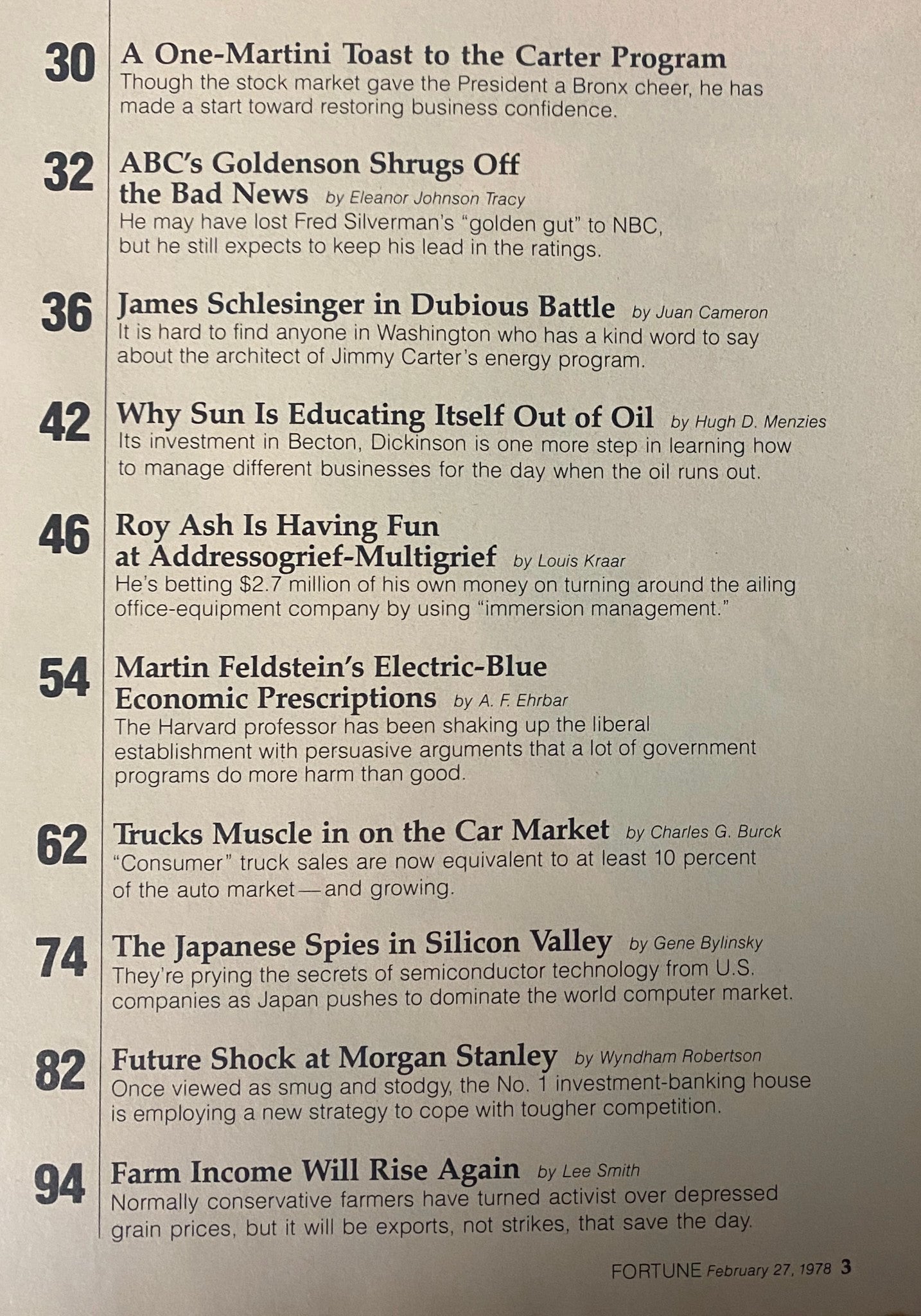 Another inside page of Fortune Magazine February 27, 1978 showing the table of contents listing various articles, including features on James Schlesinger, economic analysis, and perspectives on the 1970s business landscape.