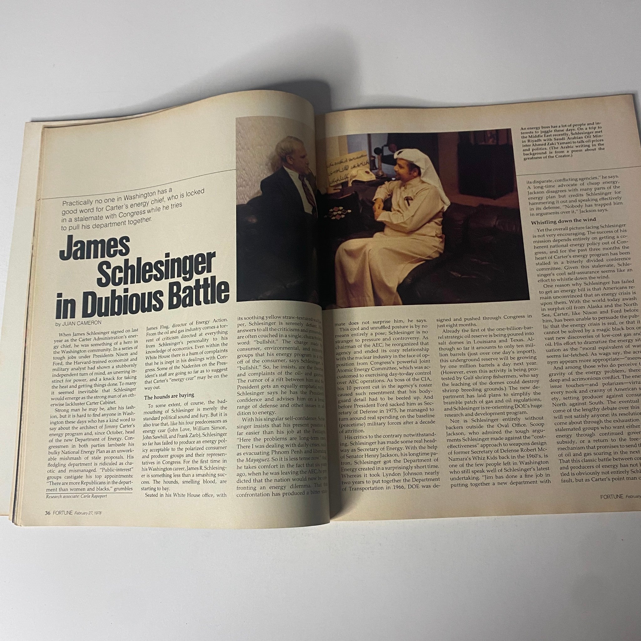 Interior page of Fortune Magazine February 27, 1978 featuring an article titled 'James Schlesinger in Dubious Battle', discussing the challenges faced by James Schlesinger, the U.S. Secretary of Energy, during his tenure.