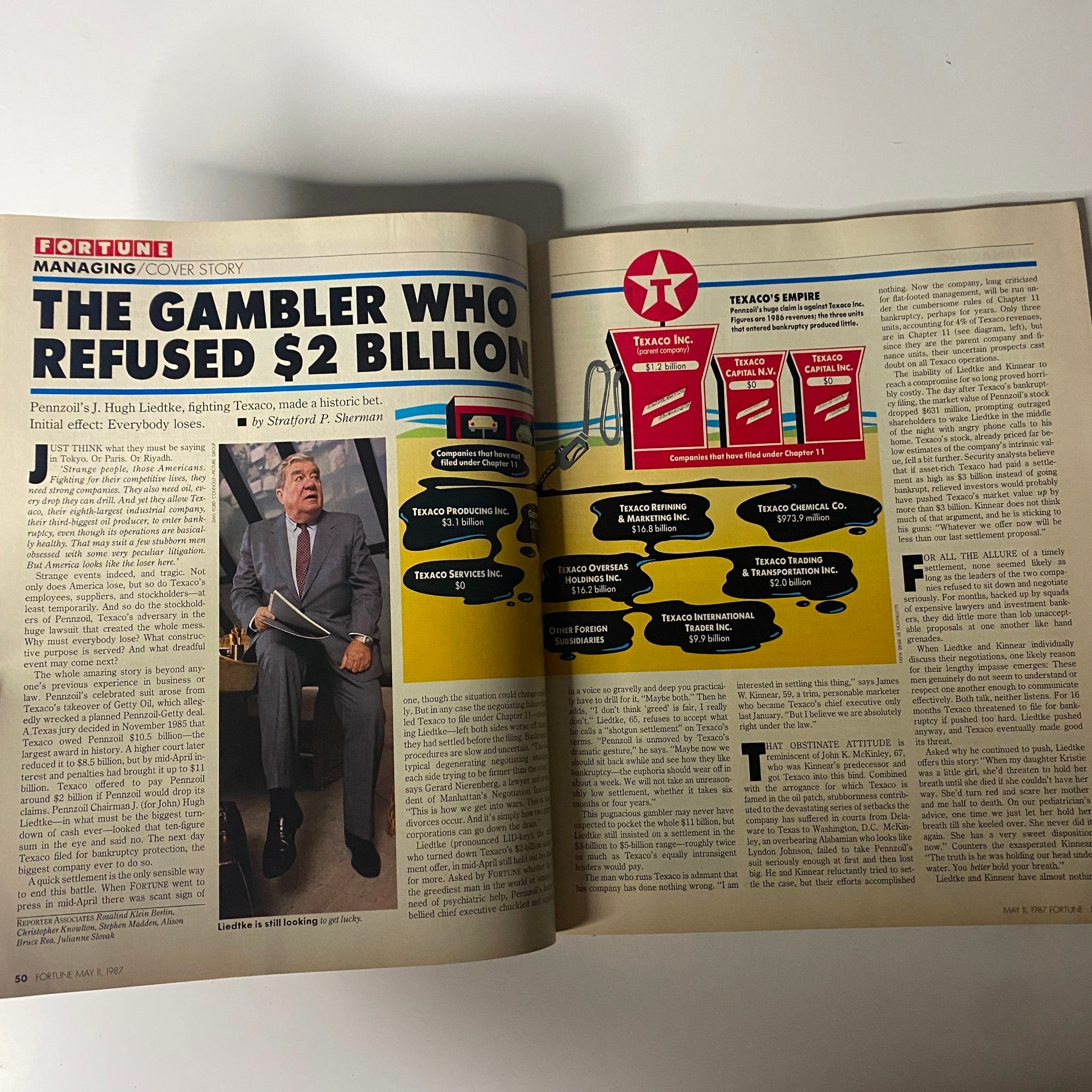 Inside page of Fortune Magazine from May 11, 1985 featuring the article 'The Gambler Who Refused $2 Billion,' discussing J. Hugh Liedtke's corporate strategies.