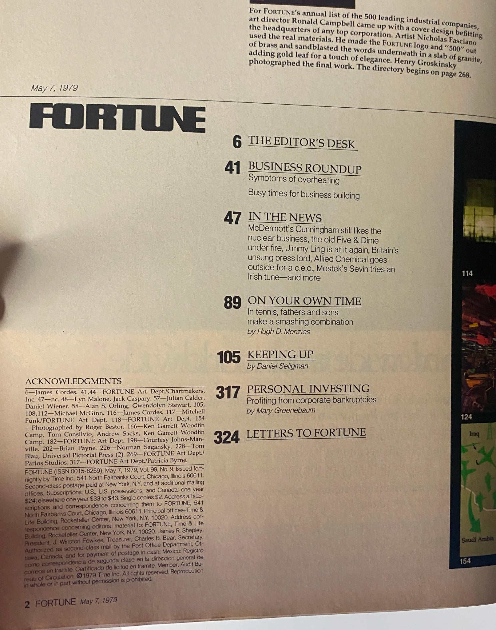 Contents page of Fortune Magazine, May 7, 1979, displaying article topics including business trends, corporate analysis, and an acknowledgment section, related to 'The Largest U.S. Industrial Corporations' issue.