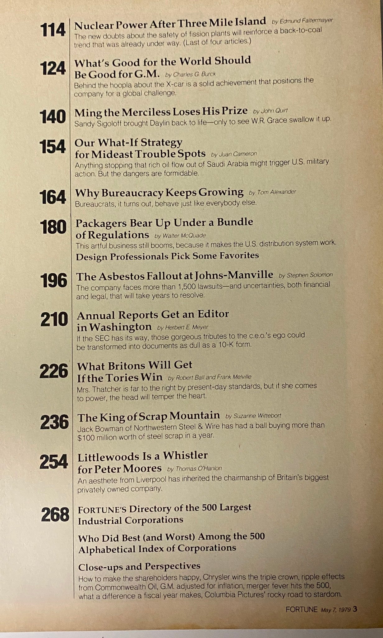 Table of contents from Fortune Magazine May 7, 1979, listing articles about nuclear power, business strategies, and Fortune's directory of the 500 largest industrial corporations.