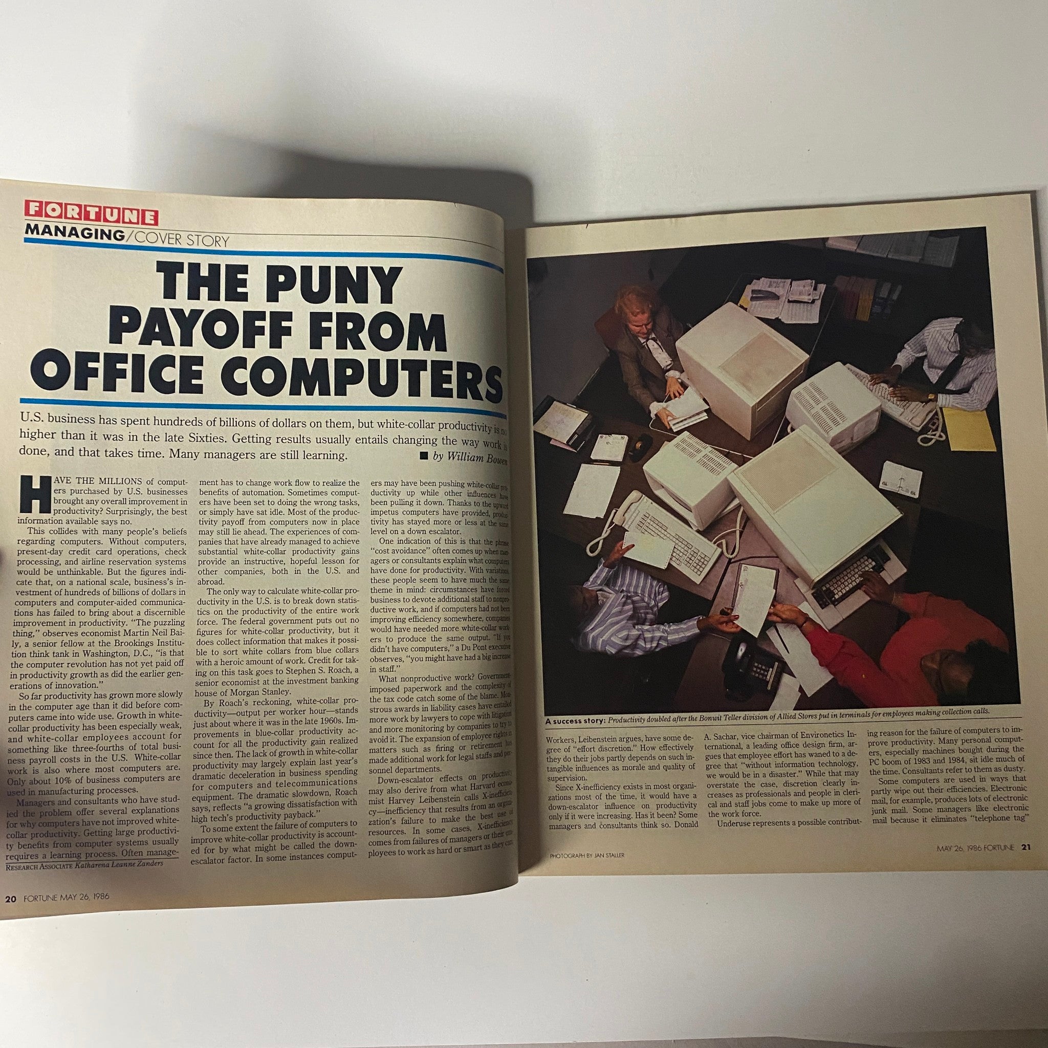Page from Fortune Magazine May 26, 1986 featuring the cover story 'The Puny Payoff From Office Computers', discussing the impact of office technology on productivity.