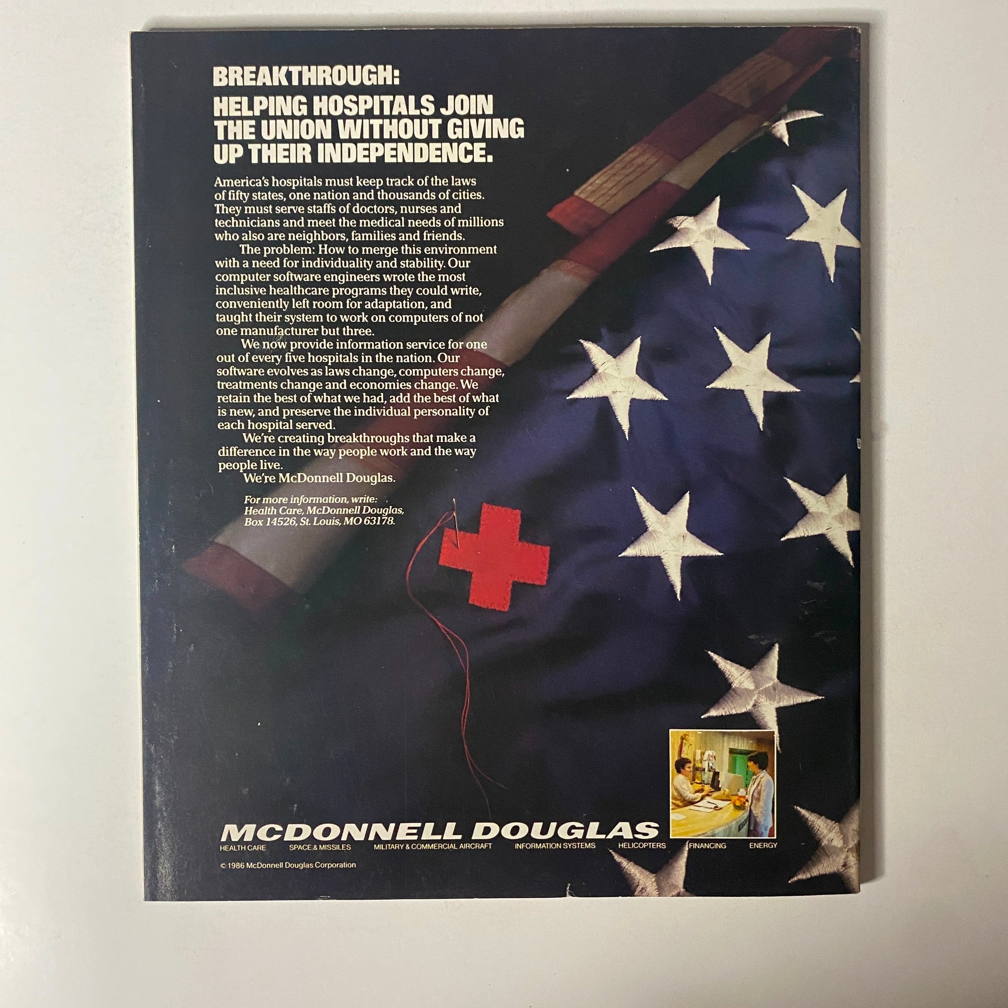 Back cover of Fortune Magazine May 26, 1986, highlighting an advertisement about McDonnell Douglas and their role in healthcare technology.
