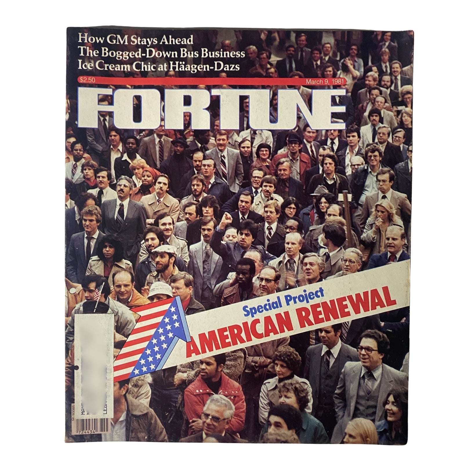Fortune Magazine March 9, 1981 cover featuring the title 'Special Project: American Renewal' with a large crowd of people in formal attire highlighting economic themes of the era.