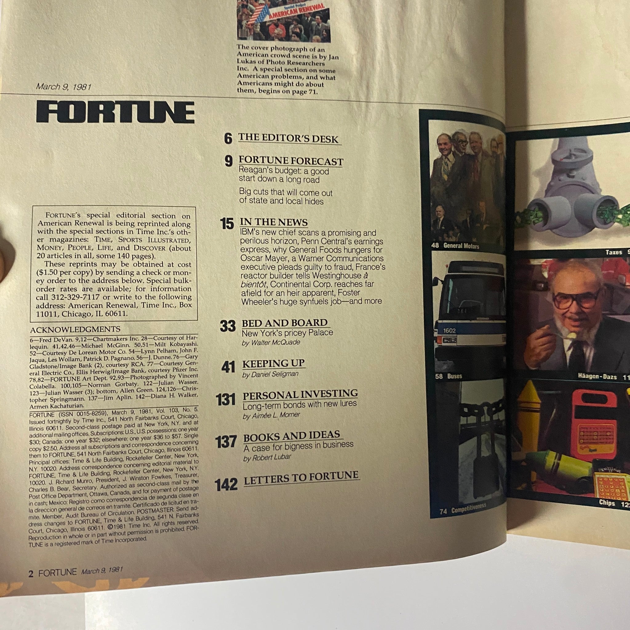 Inside page of Fortune Magazine March 9, 1981, displaying the table of contents with various article titles including 'Fortune Forecast' and 'Personal Investing'.