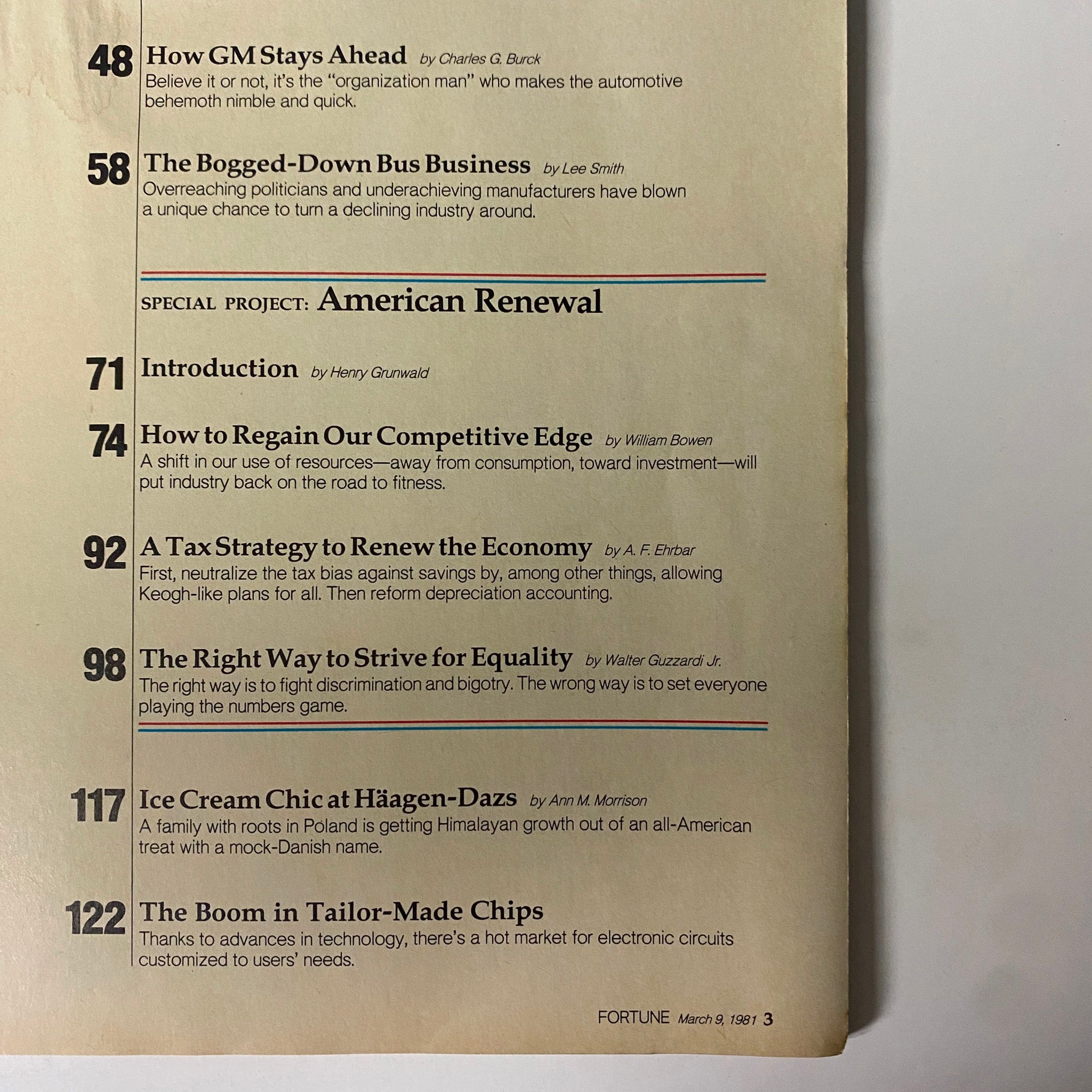 Another inside page of Fortune Magazine March 9, 1981, showcasing article summaries and topics related to economic strategies and corporate leadership.