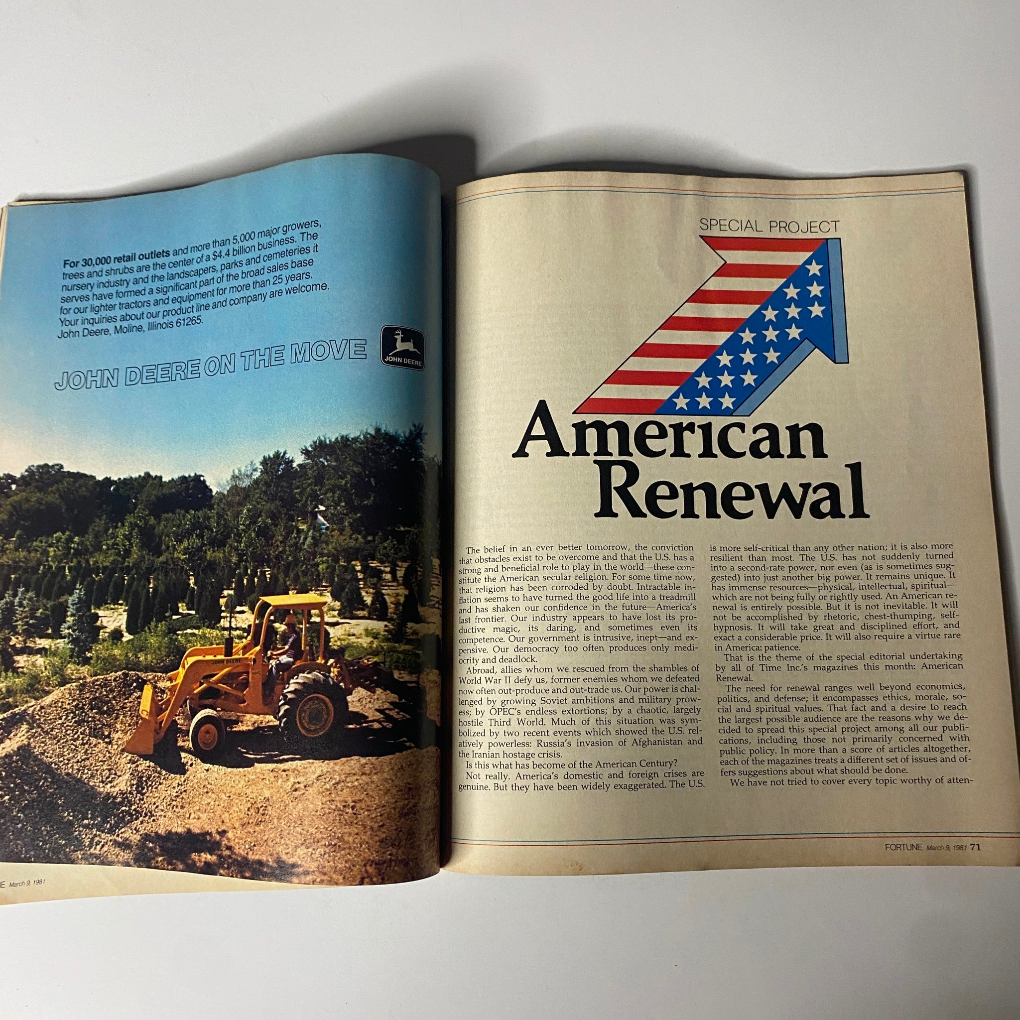 Spread from Fortune Magazine March 9, 1981, featuring the 'American Renewal' special project with an illustration and discussion of economic strategies from that era.