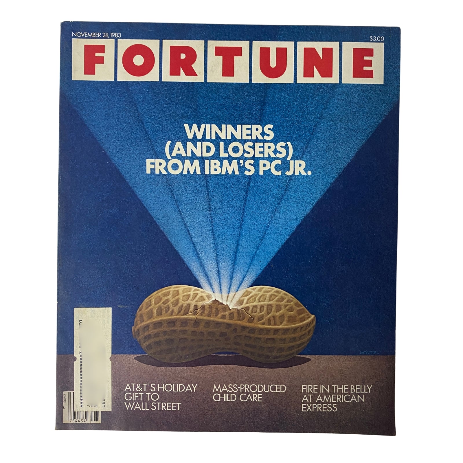 Cover of Fortune Magazine from November 28, 1983, featuring the title 'Winners (and Losers) From IBM's PC Jr.' with a visual of a peanut and highlighting article topics such as AT&T's holiday gift to Wall Street.