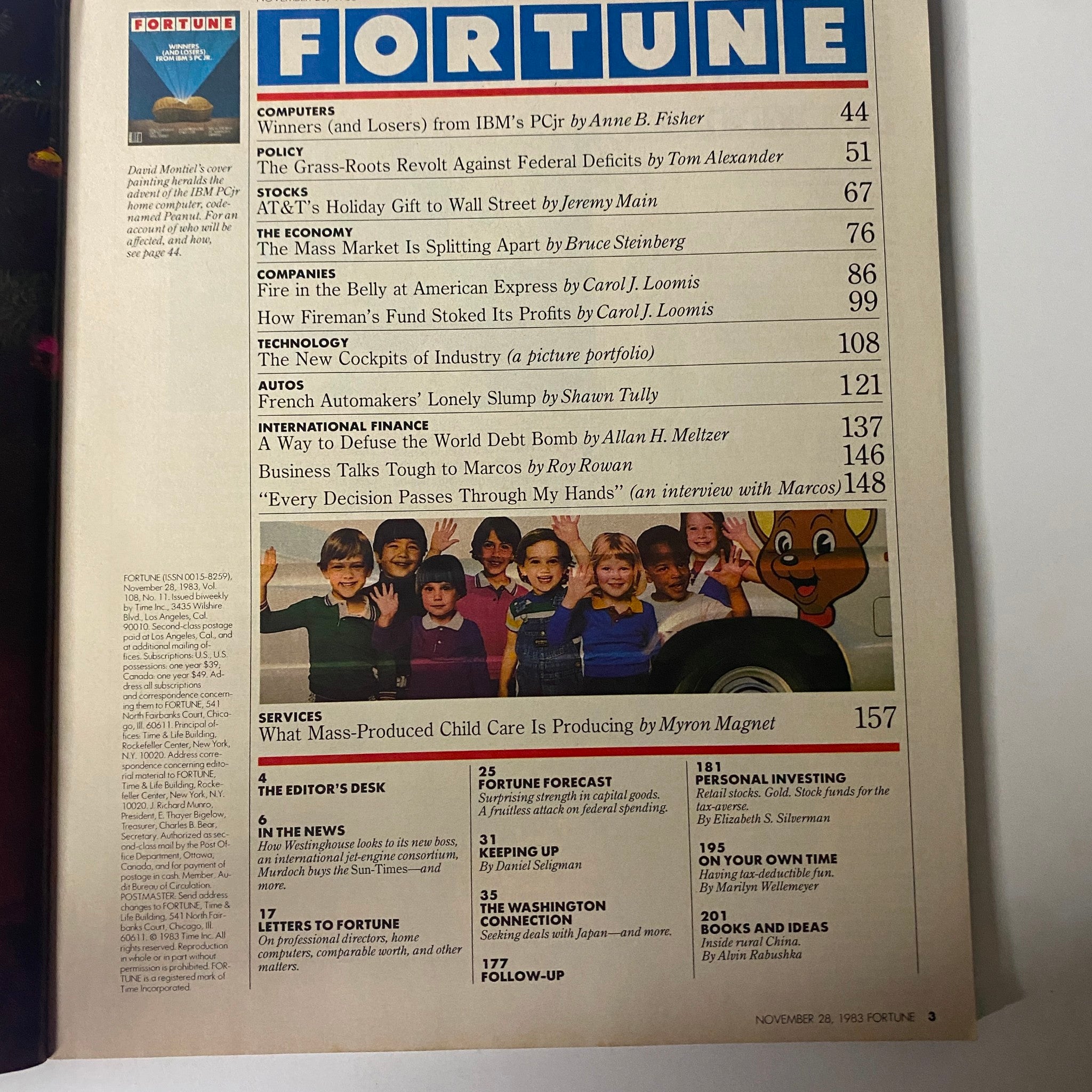 Interior page of Fortune Magazine from November 28, 1983, listing contents including 'Winners (and Losers) From IBM's PC Jr.', and articles on federal deficits and the economy.