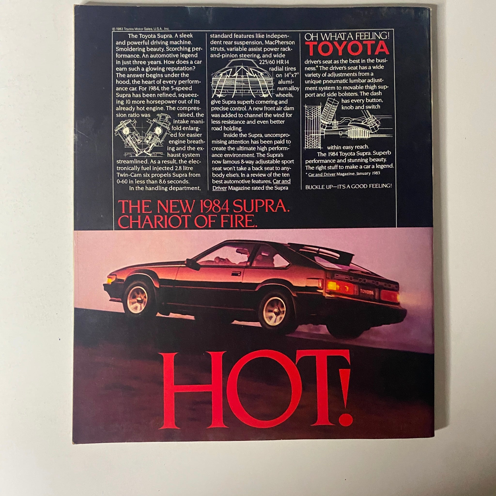 Fortune Magazine November 28, 1983 cover showcasing the 1984 Toyota Supra with the text 'The New 1984 Supra, Chariot of Fire' and a promotional message for Toyota's performance features.