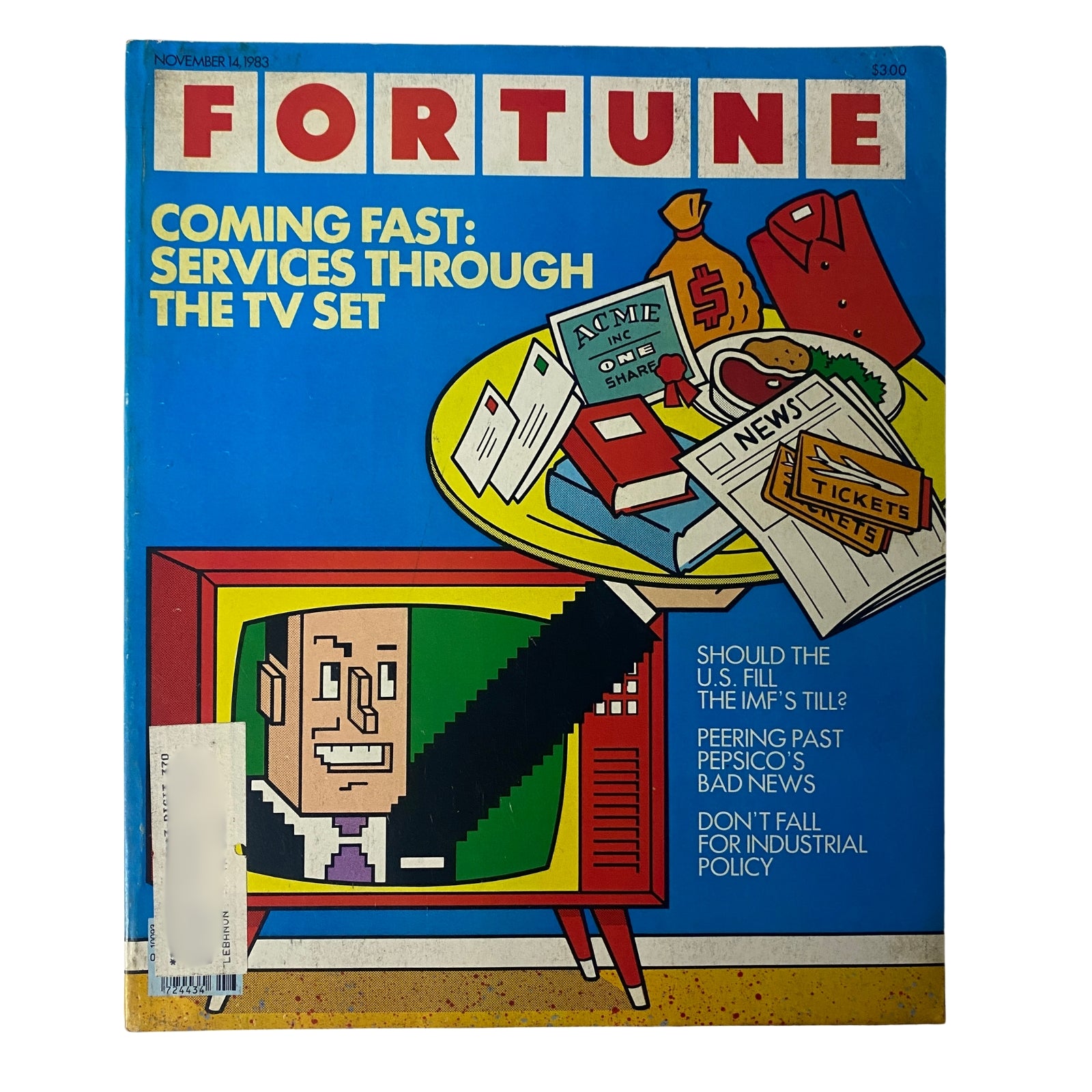 Fortune Magazine Cover for November 14, 1983 featuring the article 'Coming Fast: Services Through The TV Set' with an illustration of a television displaying a businessman's face, surrounded by various items symbolizing services and commerce.