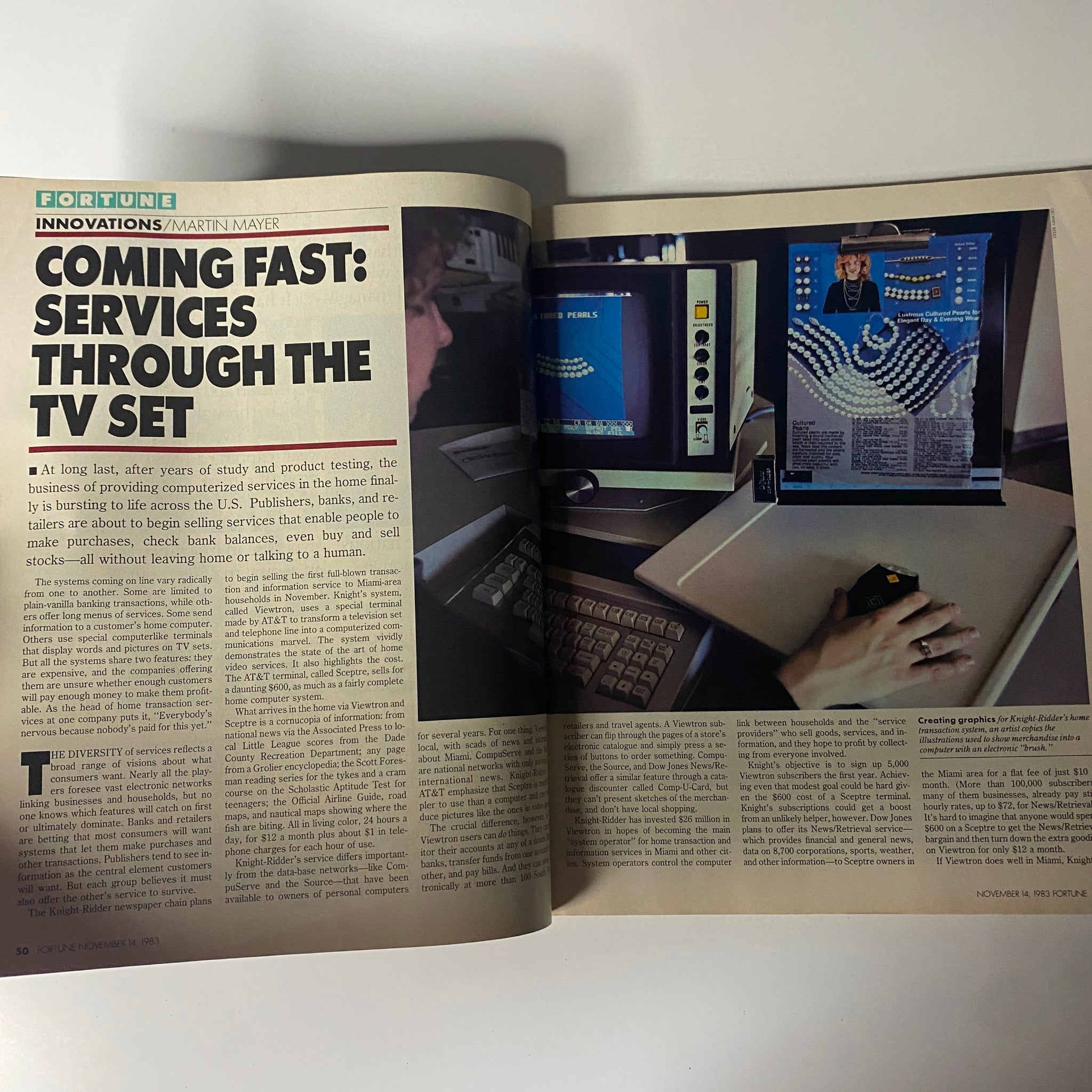 Page from Fortune Magazine dated November 14, 1983 showcasing the article 'Coming Fast: Services Through The TV Set,' featuring a woman using a computer alongside a television to access services.