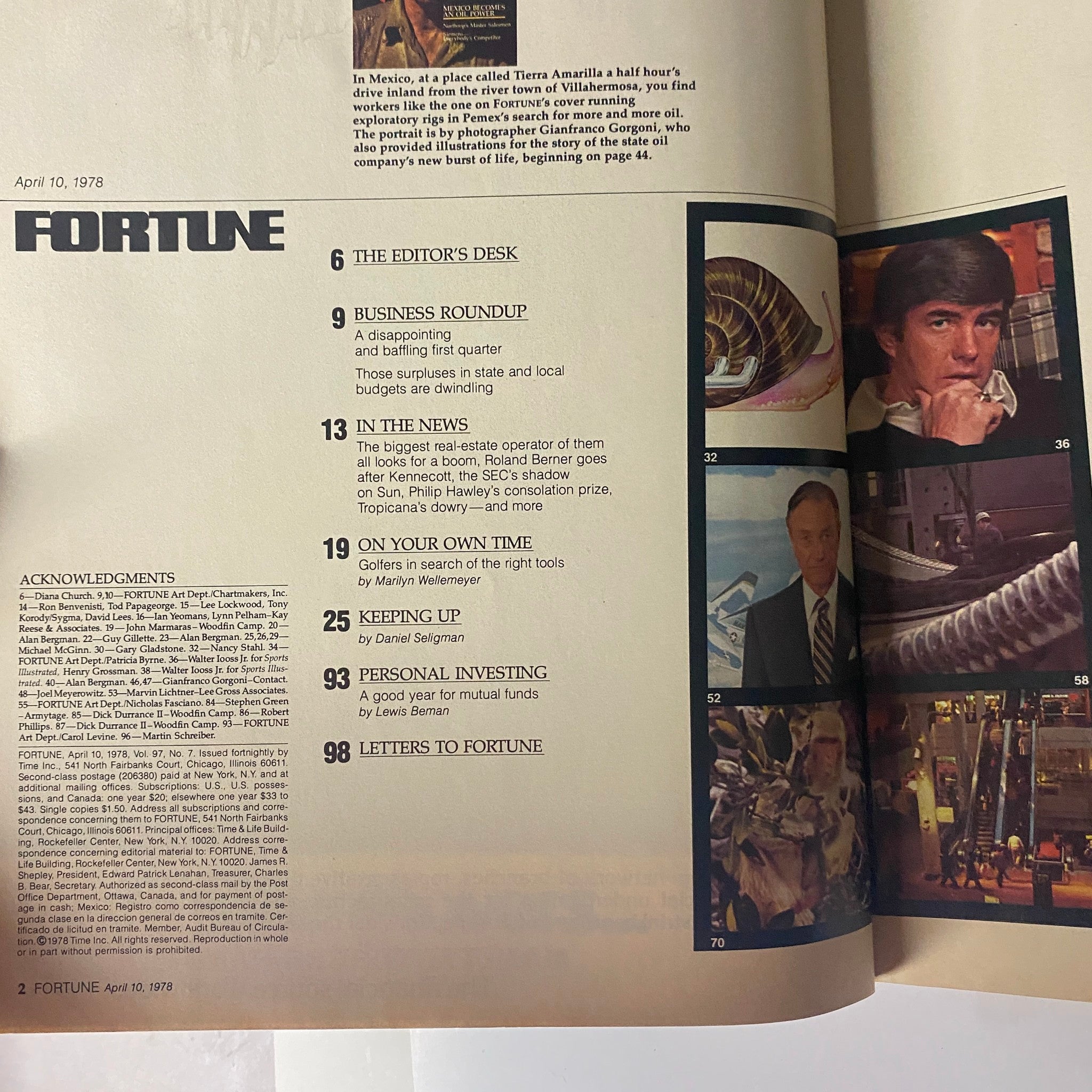 Table of contents page for Fortune Magazine April 10, 1978 showcasing various articles and topics including the editor's desk and business roundup.