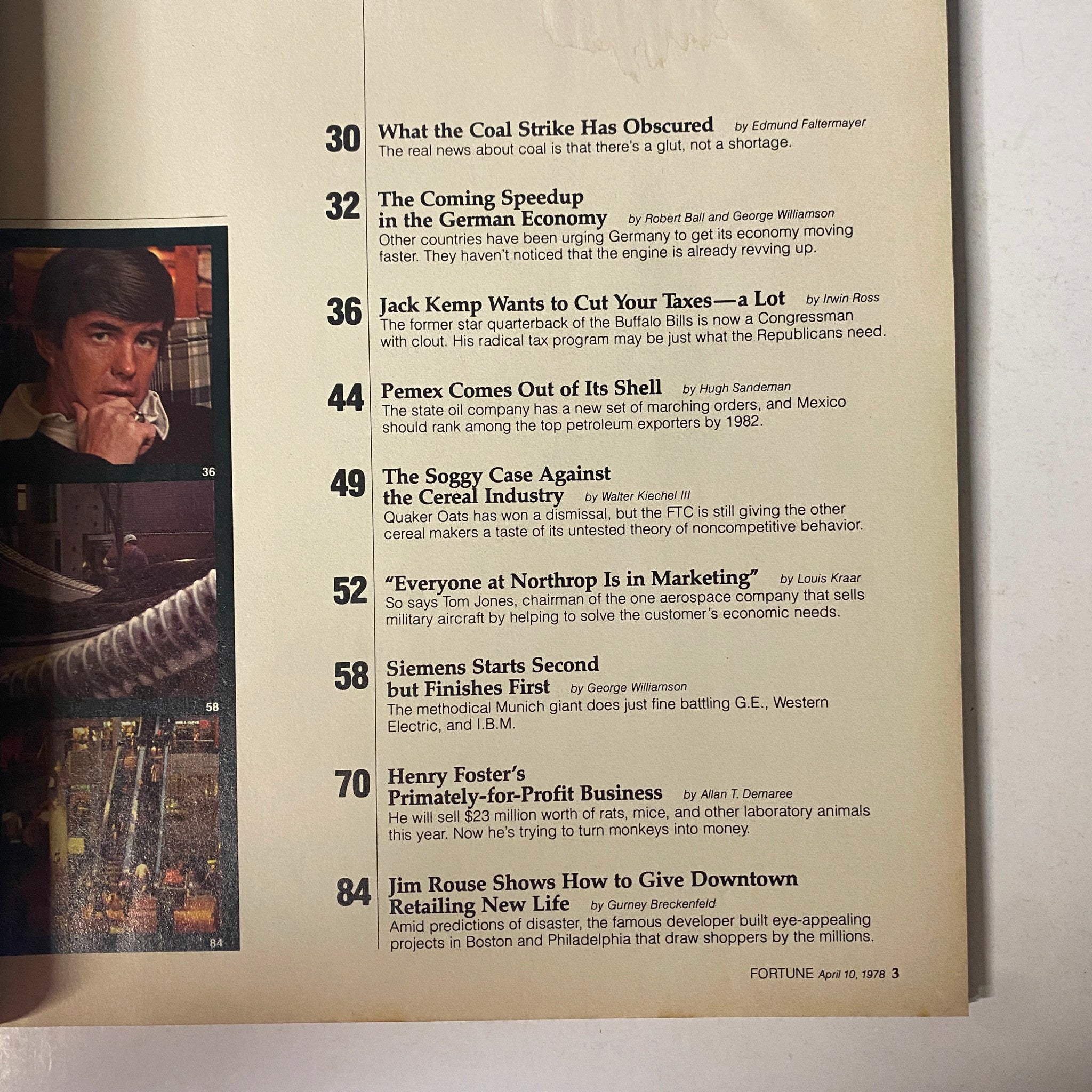 Articles list from Fortune Magazine April 10, 1978 highlighting key discussions such as Pemex, the cereal industry, and corporate strategies.