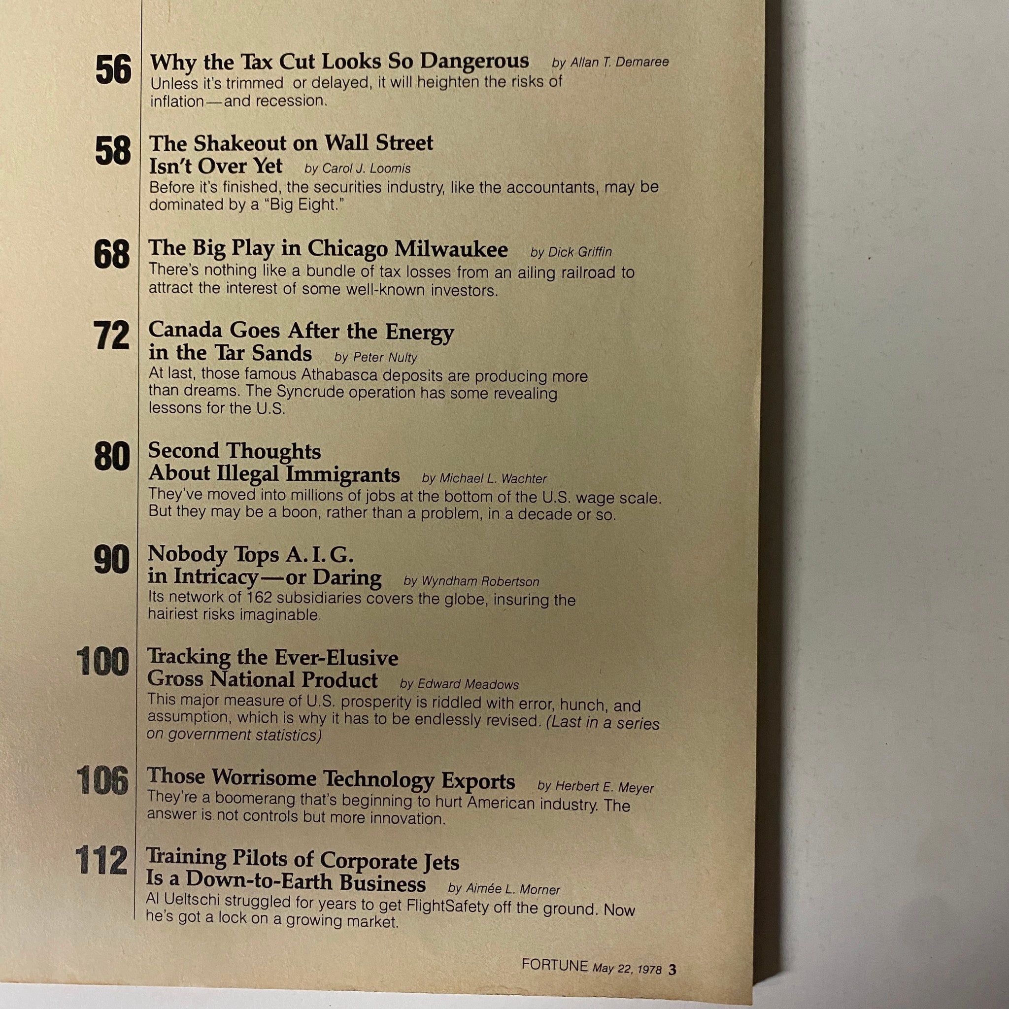 Contents page of Fortune Magazine, May 22, 1978, listing articles like 'The Shakeout on Wall Street' and 'Canada Goes After the Energy in the Tar Sands'.