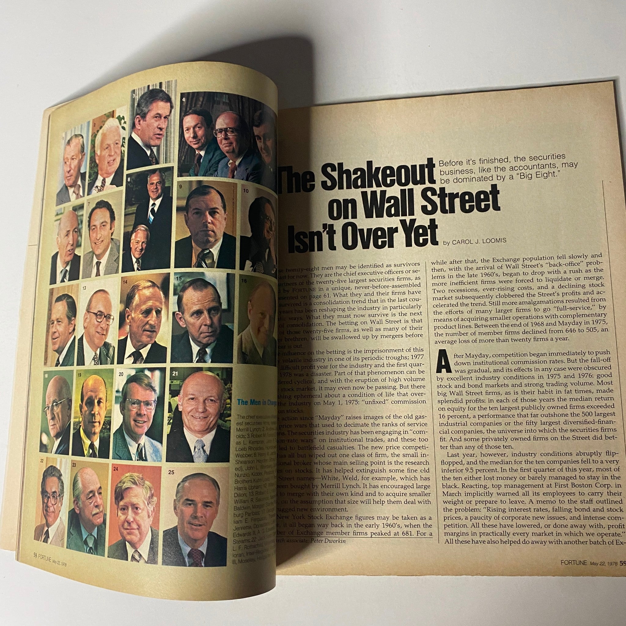 An article spread from Fortune Magazine, May 22, 1978, featuring 'The Shakeout on Wall Street Isn't Over Yet', with images of financial executives.