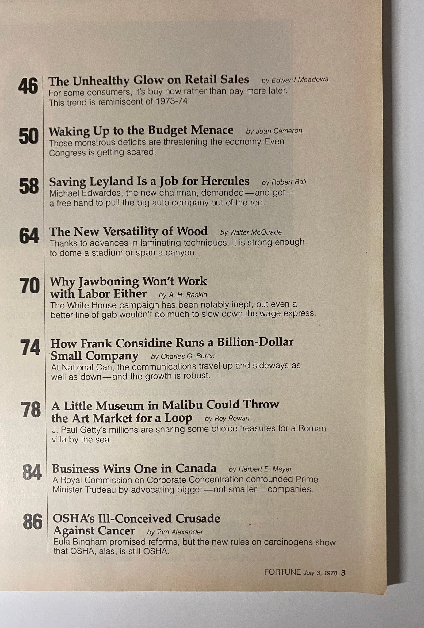 Pages from the July 3, 1978 Fortune Magazine featuring articles on economic challenges, including 'The Unhealthy Glow on Retail Sales' and 'Waking Up to the Budget Menace,' related to the theme 'The Scariest Thing in Washington.'