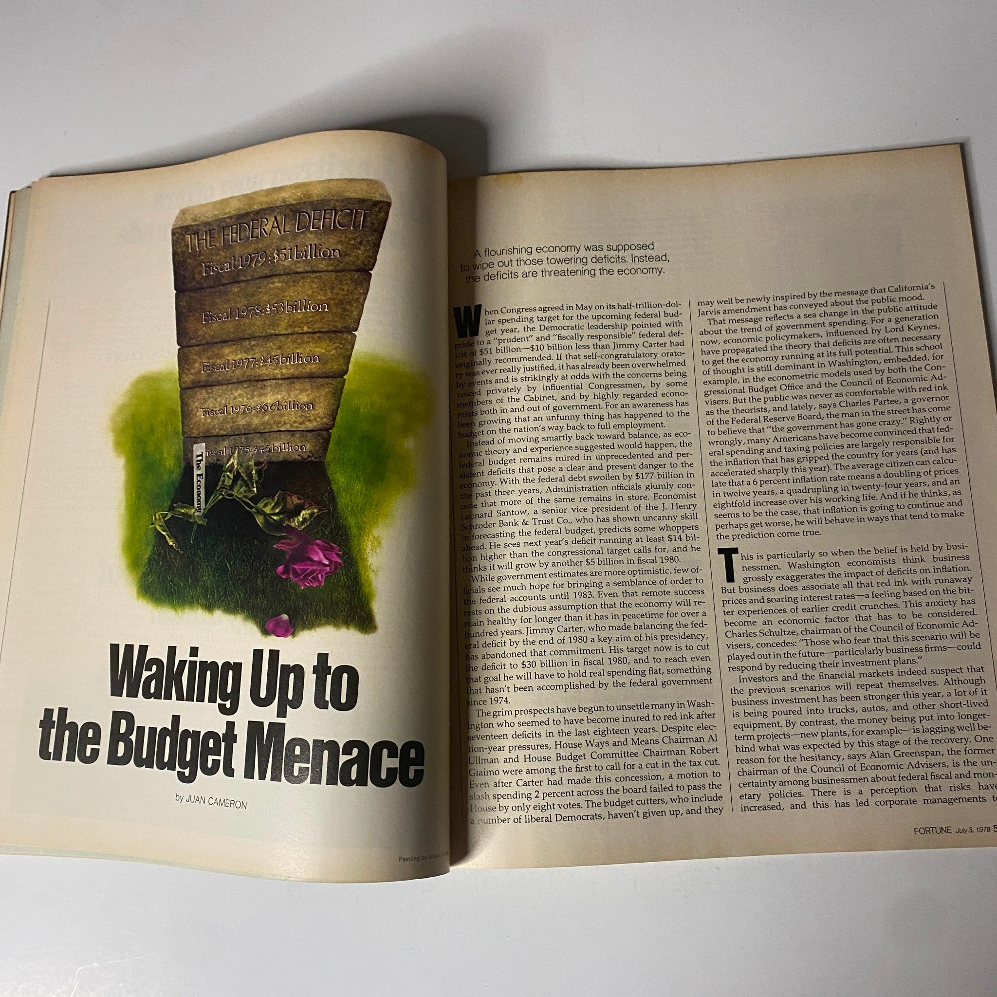 Fortune Magazine July 3, 1978, featuring the article 'Waking Up to the Budget Menace' with a visual of tombstone-like figures representing federal deficits.