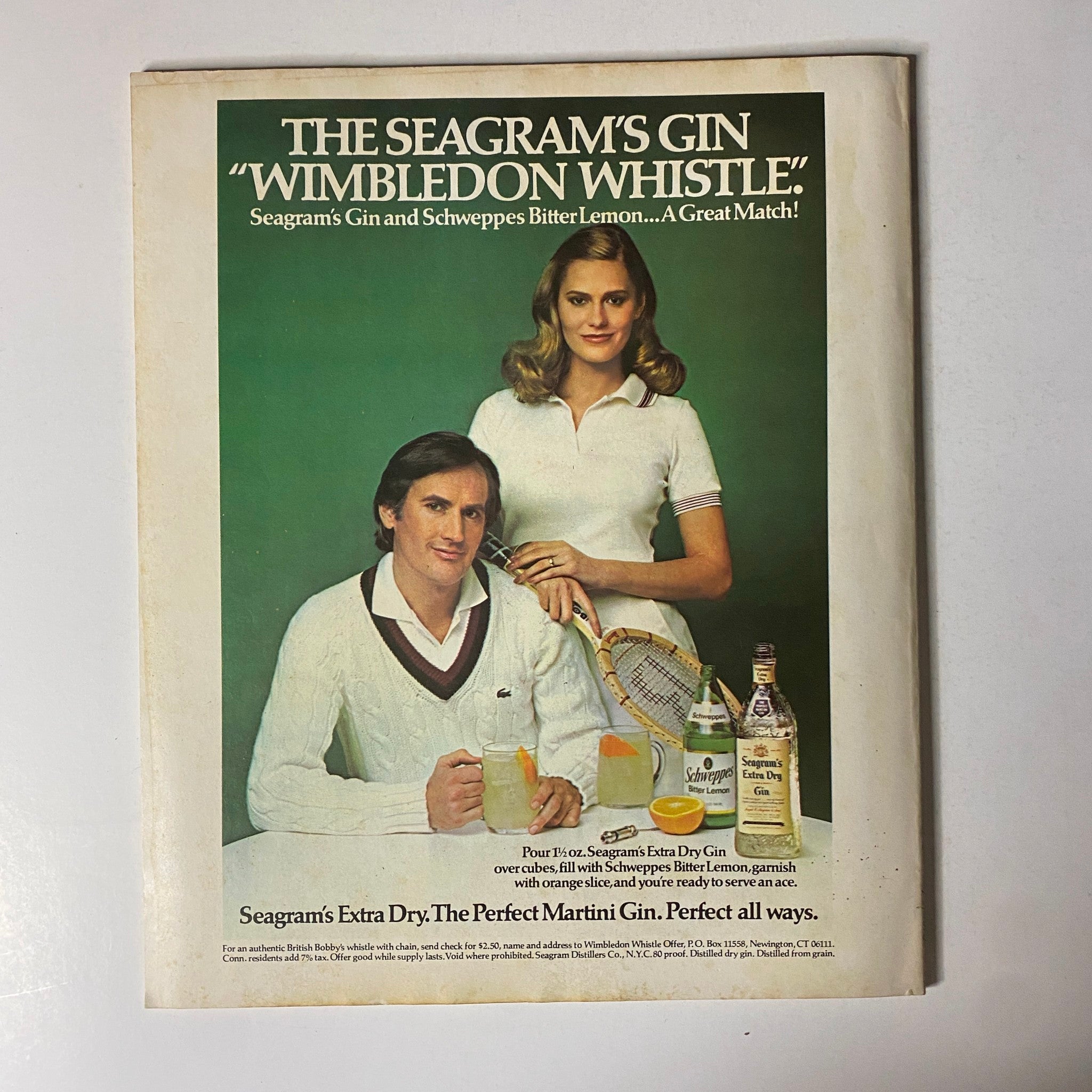 Fortune Magazine July 3, 1978, showcasing the advertisement for Seagram's Gin with a couple dressed in tennis attire, promoting the drink as a perfect match for summer.