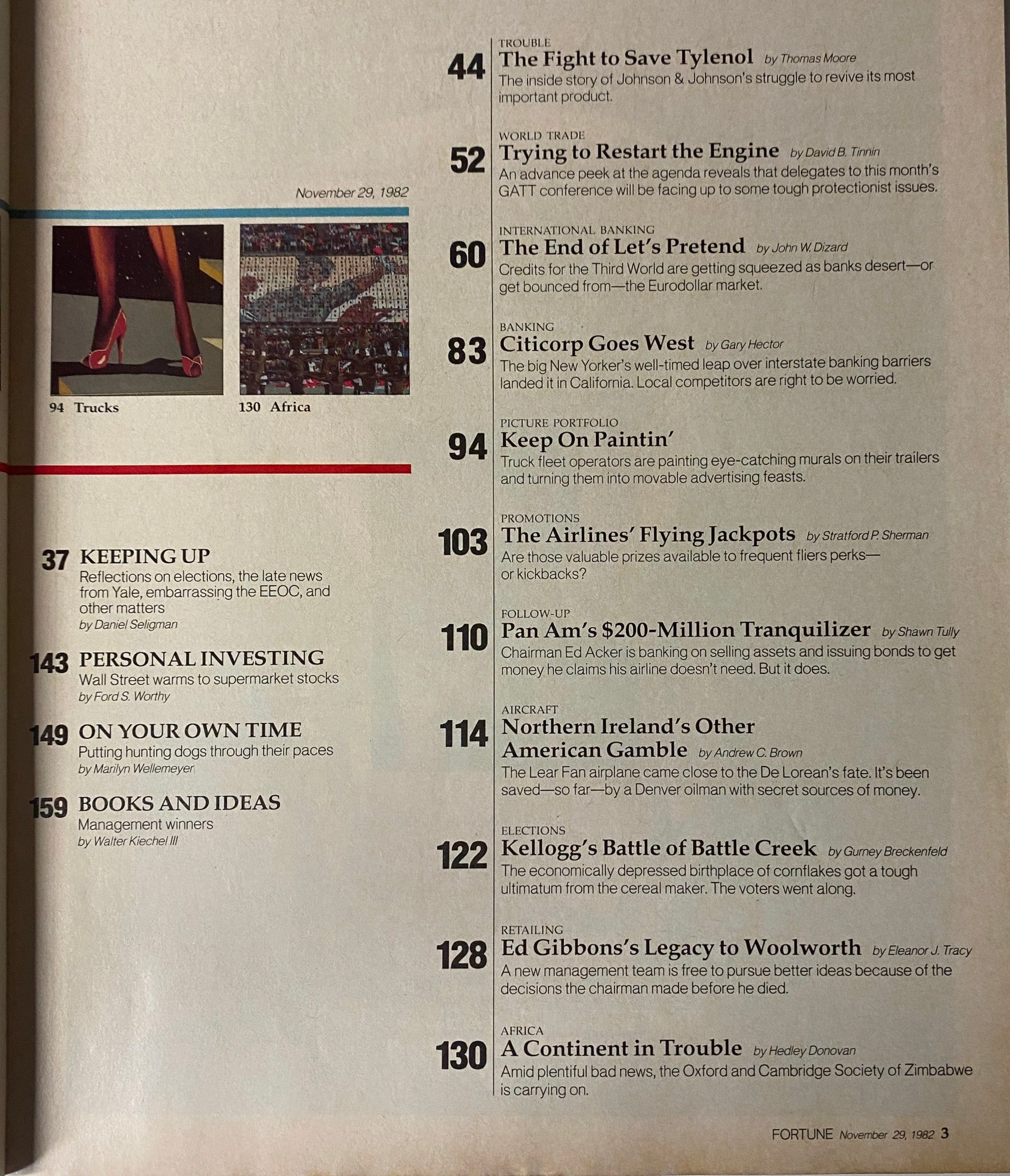 Another table of contents page from Fortune Magazine November 29, 1982 showing articles on banking, corporate bankruptcy, and economic forecasts related to the early 1980s.