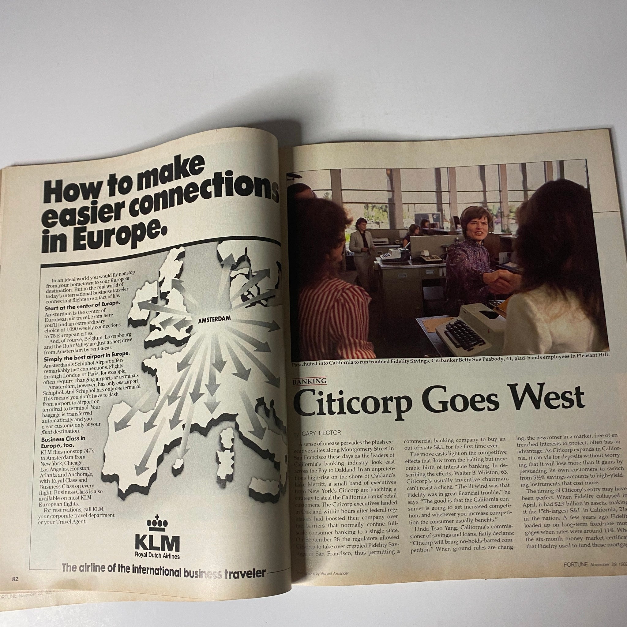 Inside page from the Fortune Magazine November 29, 1982 featuring an article titled 'Citicorp Goes West', discussing the banking landscape and Citicorp's strategies.