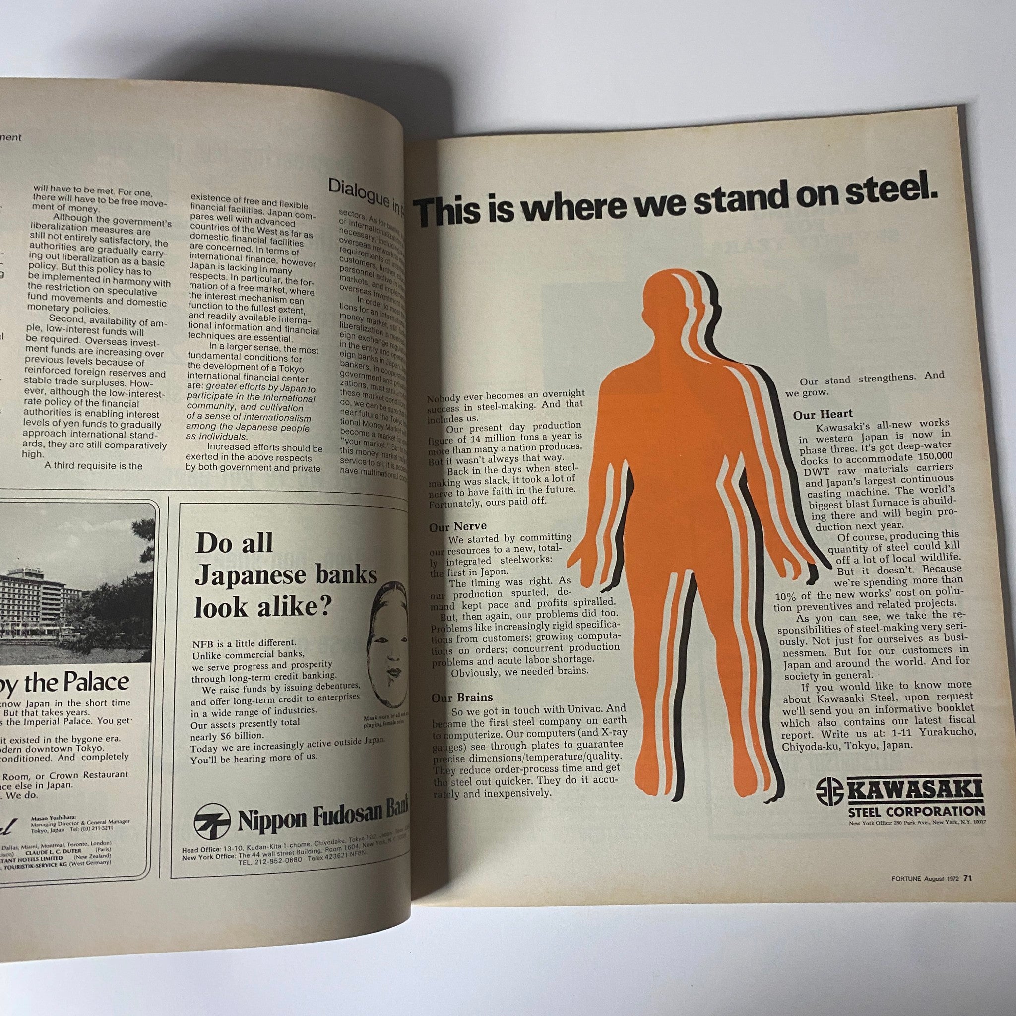 An advertisement page from Fortune Magazine August 1972 illustrating a graphic representation of steel usage with statements about the Kawasaki Steel Corporation's operations in Japan.