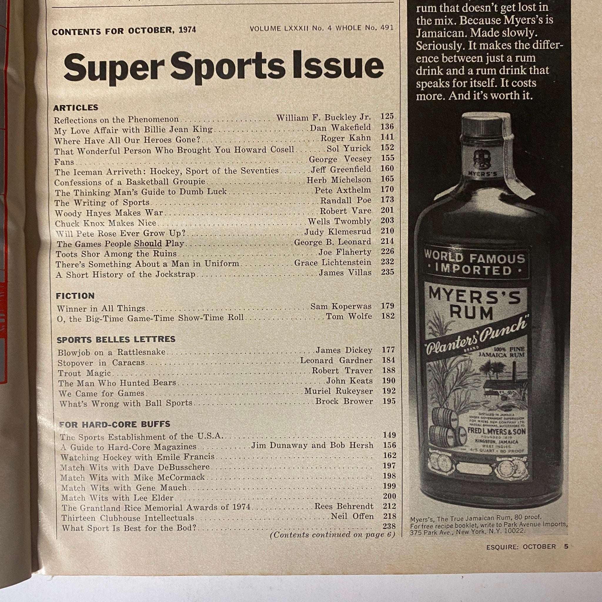 Contents page of Esquire Magazine October 1974 featuring articles such as 'Reflections on the Phenomenon' by William F. Buckley Jr. and 'My Love Affair with Billie Jean King' by Dan Wakefield, from the Super Sports Issue.