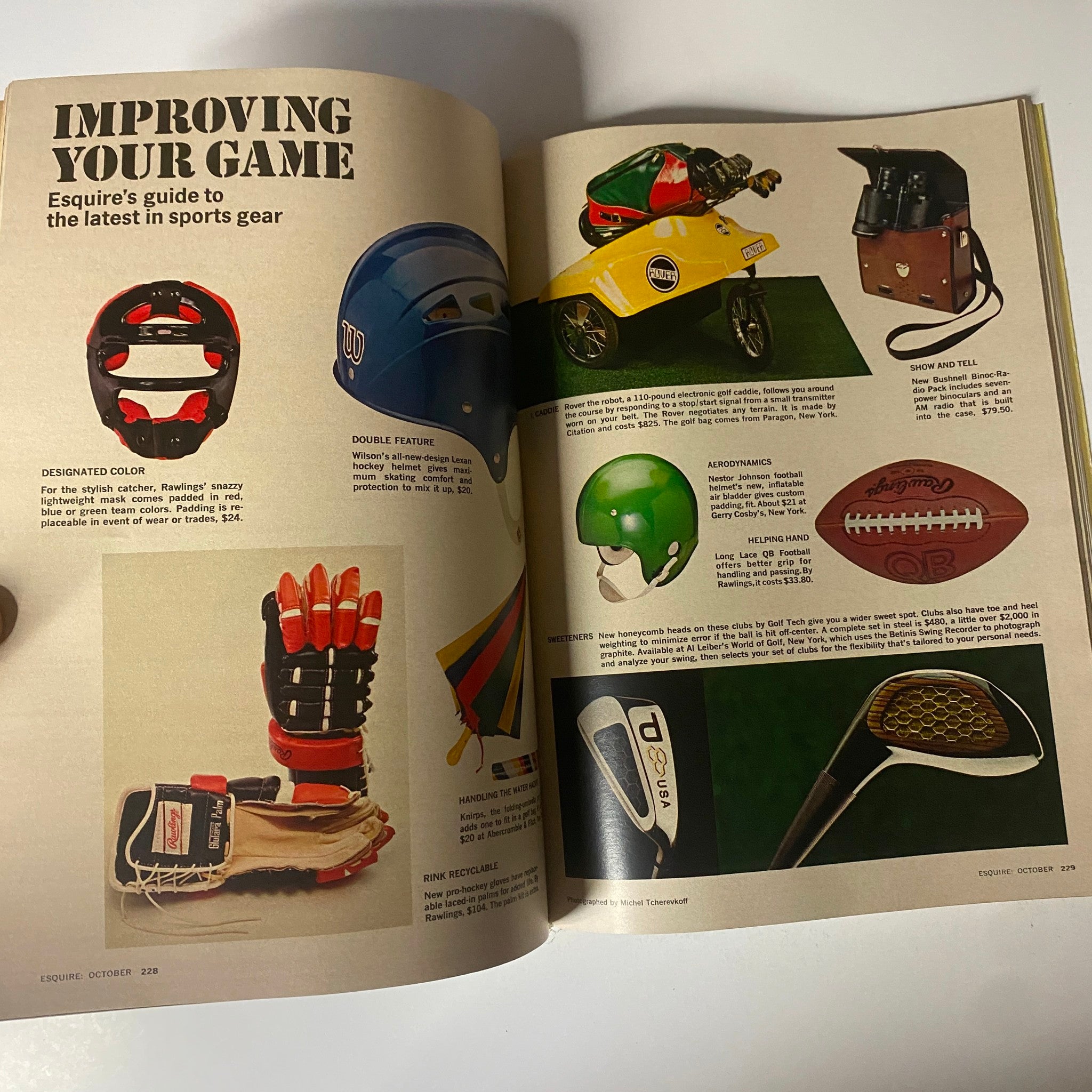 Inside page of Esquire Magazine October 1974 showcasing a guide to the latest sports gear, titled 'Improving Your Game,' highlighting items such as helmets and sports gloves, from the Super Sports Issue.