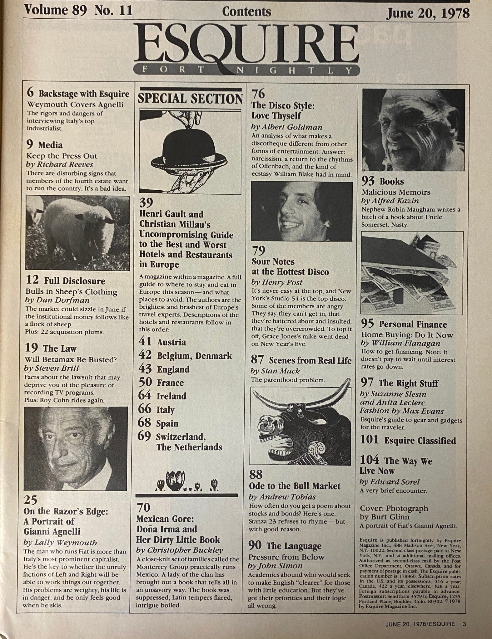 Table of Contents for Esquire Magazine June 20, 1978, highlighting key articles including 'On the Razor’s Edge: A Portrait of Gianni Agnelli'.