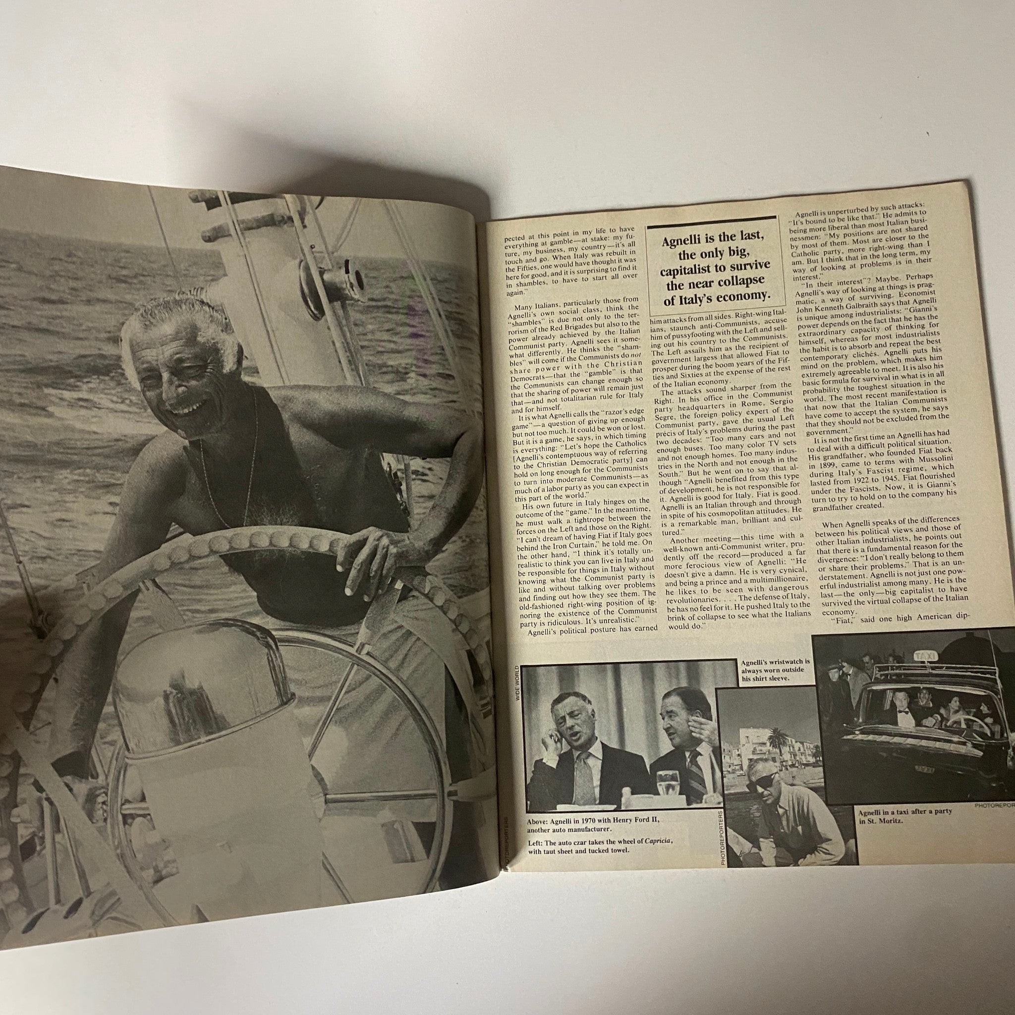 Interior page from Esquire Magazine June 20, 1978, showcasing the article about Gianni Agnelli with a vintage photo of him at the ship's wheel.
